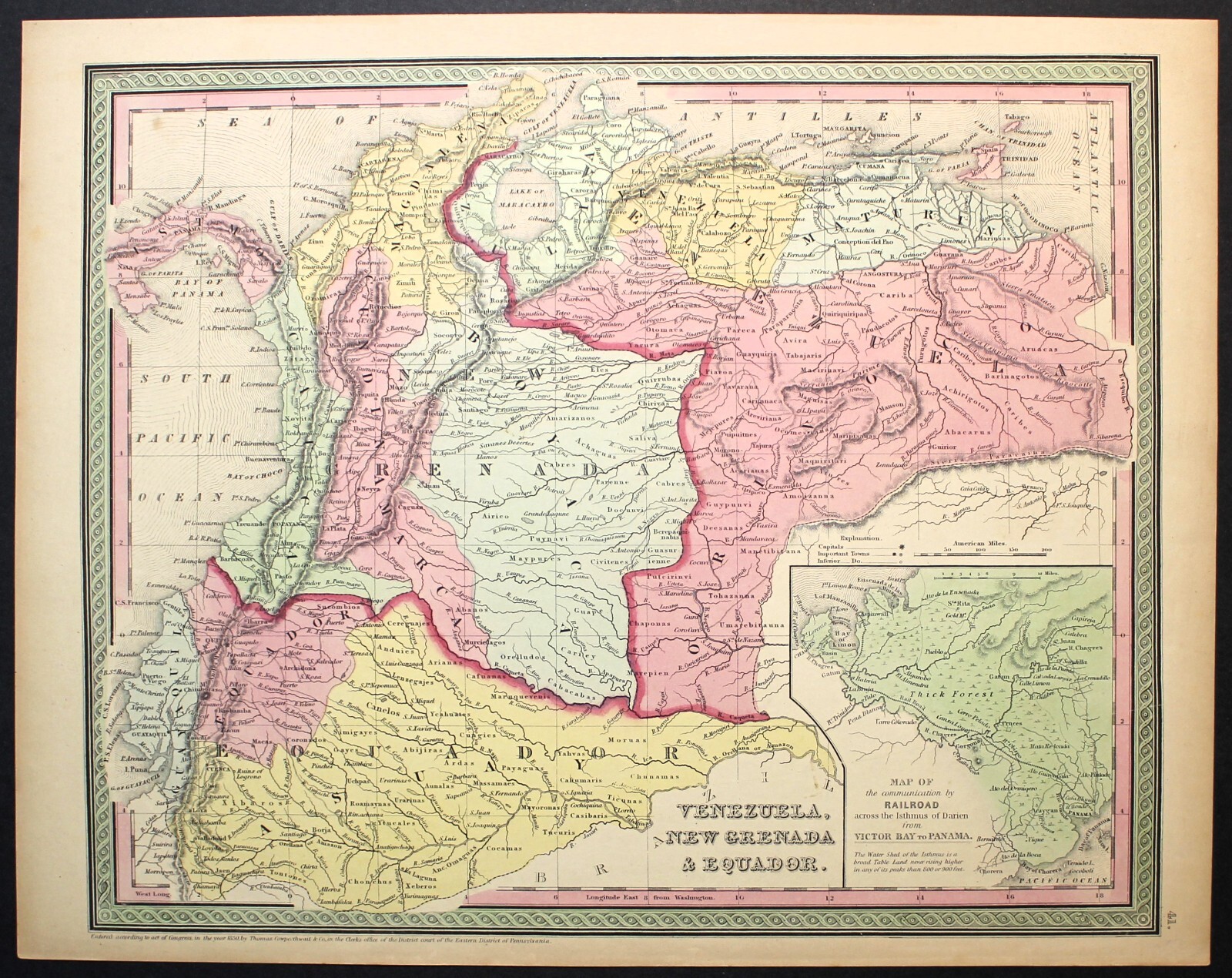 VENEZUELA, NEW GRENADA, EQUADOR Antique authentic Mitchell map 1850