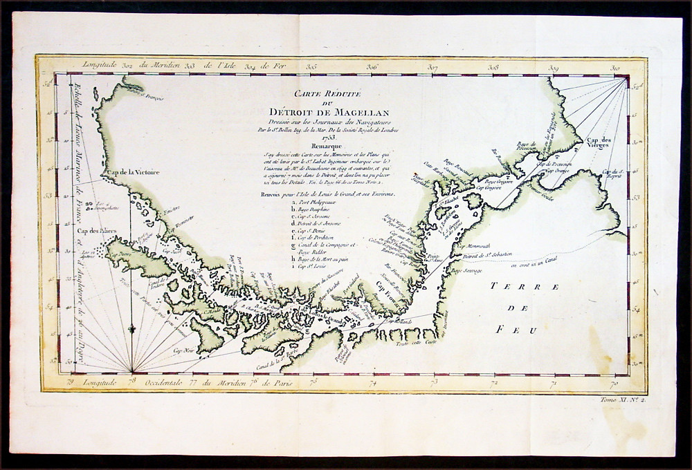 1753 Bellin Original Antique Map Tierra Del Fuego, Magellan Straits, Argentina