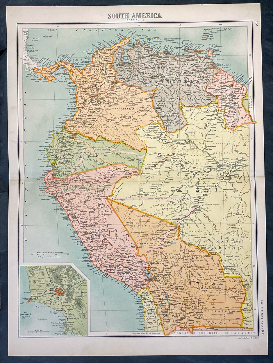 1890 John Bartholomew Large Antique Map Colombia Venezuela Peru NW South America