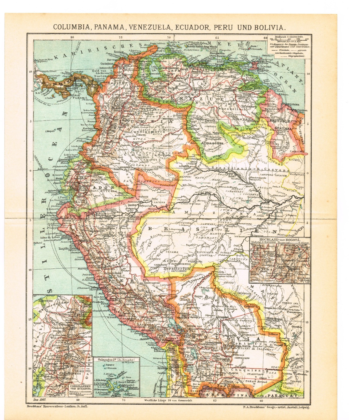 COLUMBIA dated 1907 PERU VENEZUELA ECUADOR Original Antique Map BOGOTA QUITO