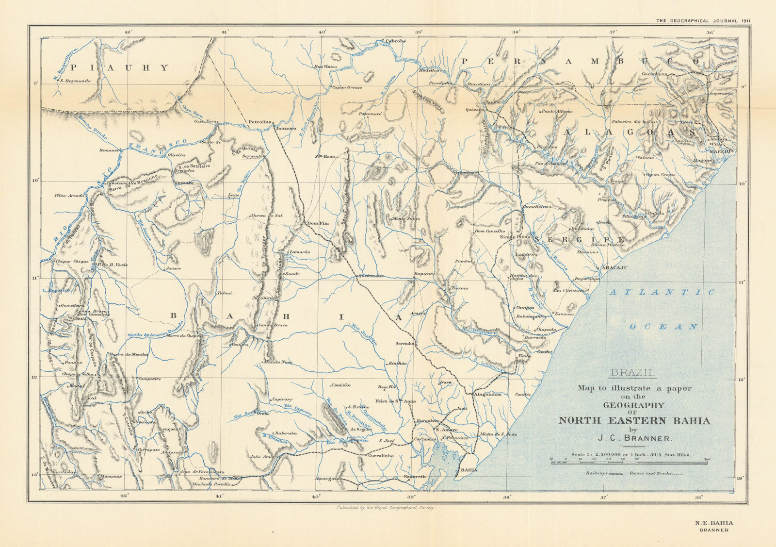 Brazil. Map to illustrate� north east Bahia by John Casper Branner. RGS 1911