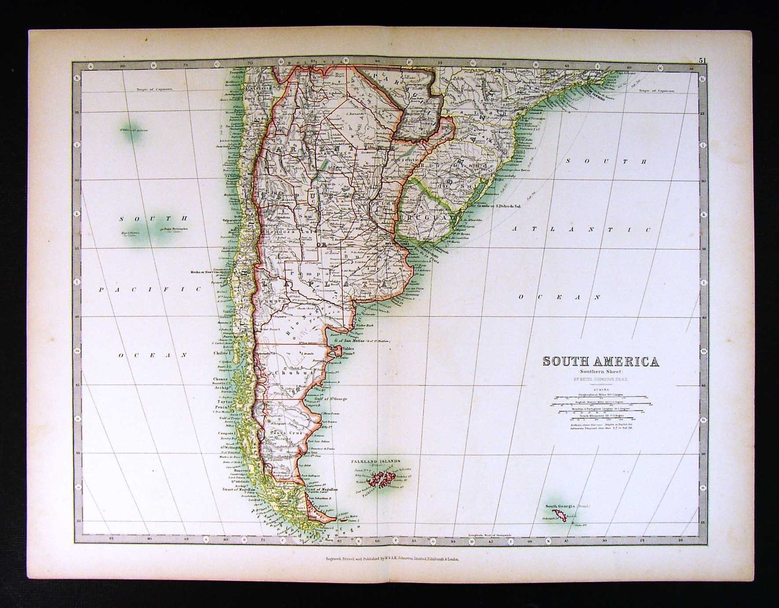 1906 Johnston Map South America Argentina Chile Patagonia Terra del Fuego