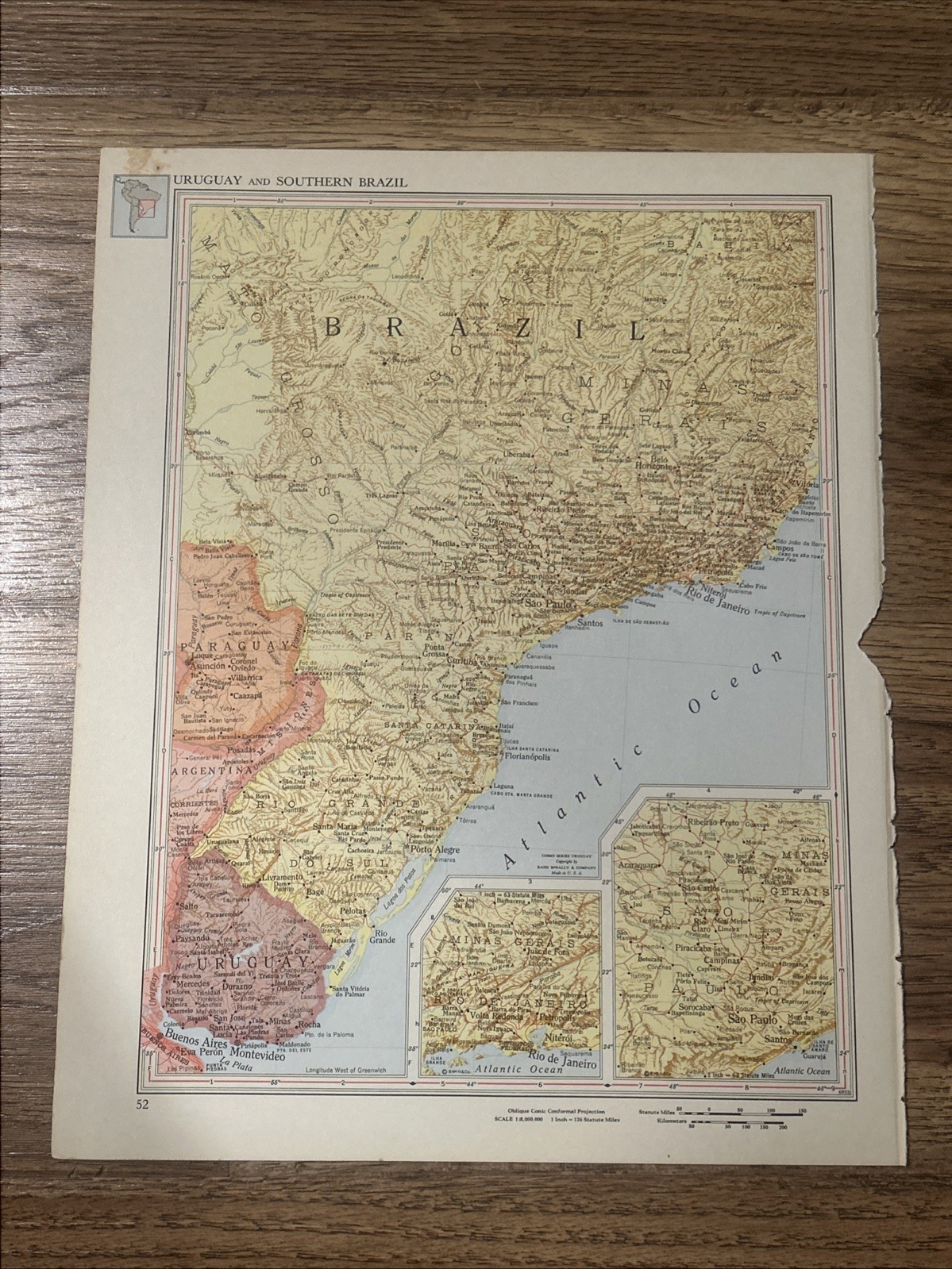 Antique 1952 Map Of Uruguay & Southern Brazil 14”x11”