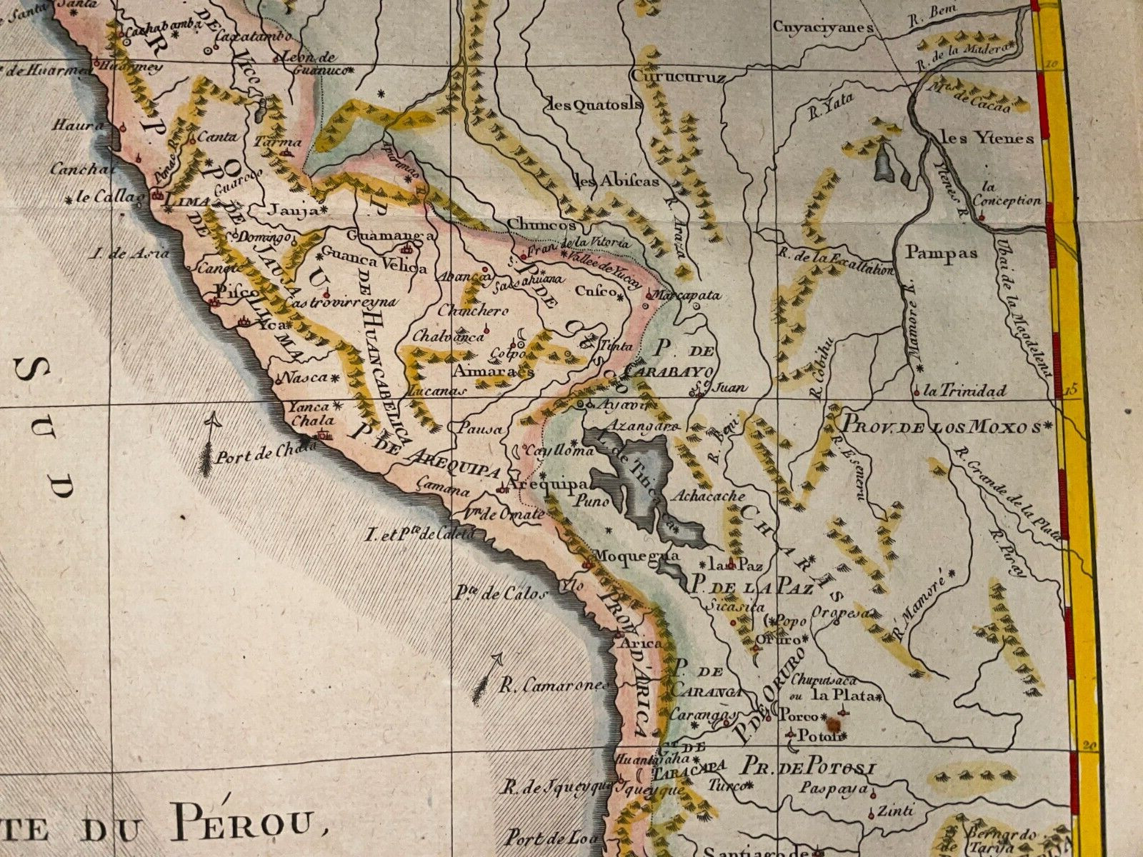 PERU BRAZIL 1780 RIGOBERT BONNE ANTIQUE ENGRAVED MAP 18TH CENTURY IN COLORS