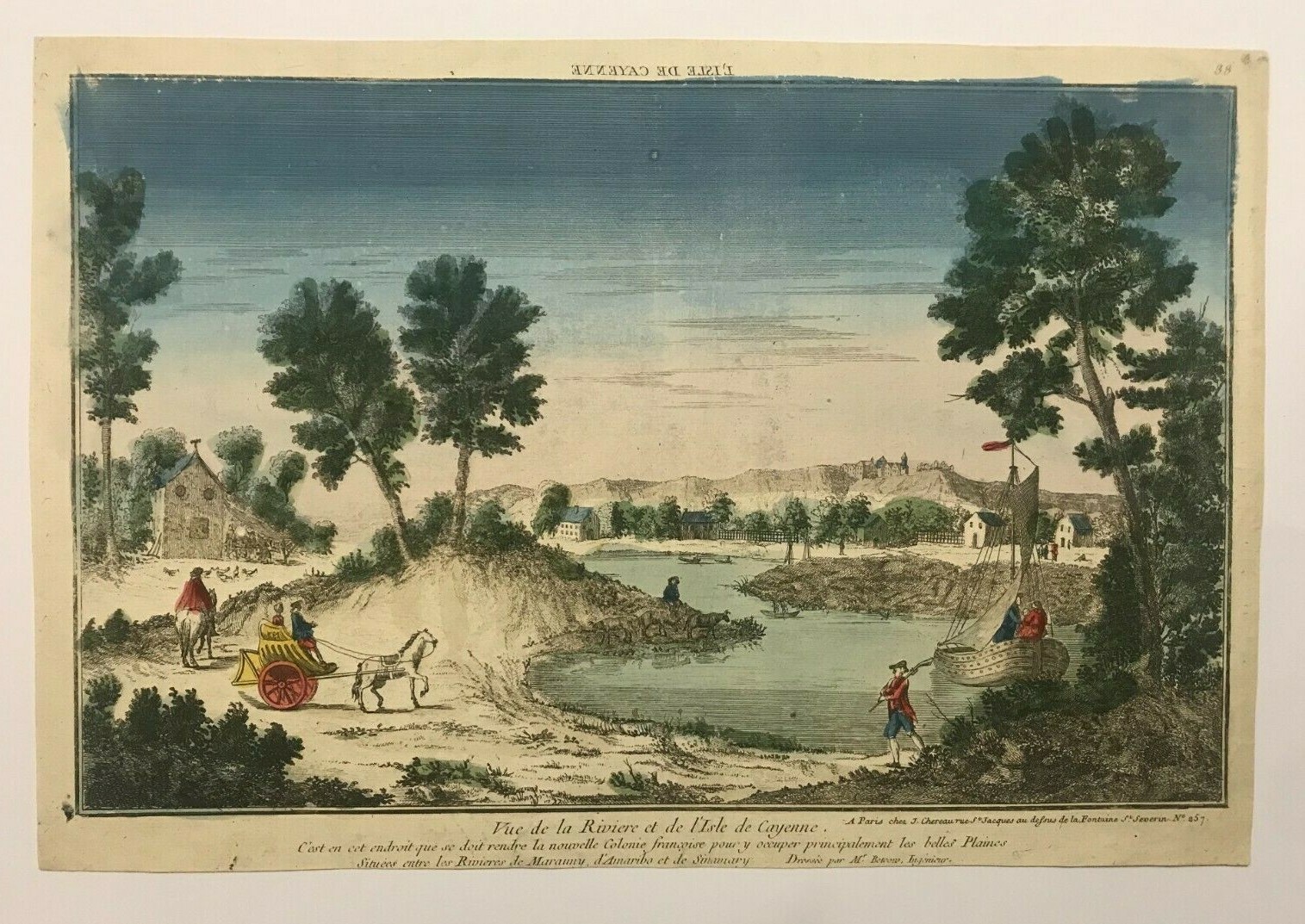 CAYENNE FRENCH GUIANA c. 1750 LARGE ANTIQUE OPTICAL VIEW IN COLORS 18TH CENTURY