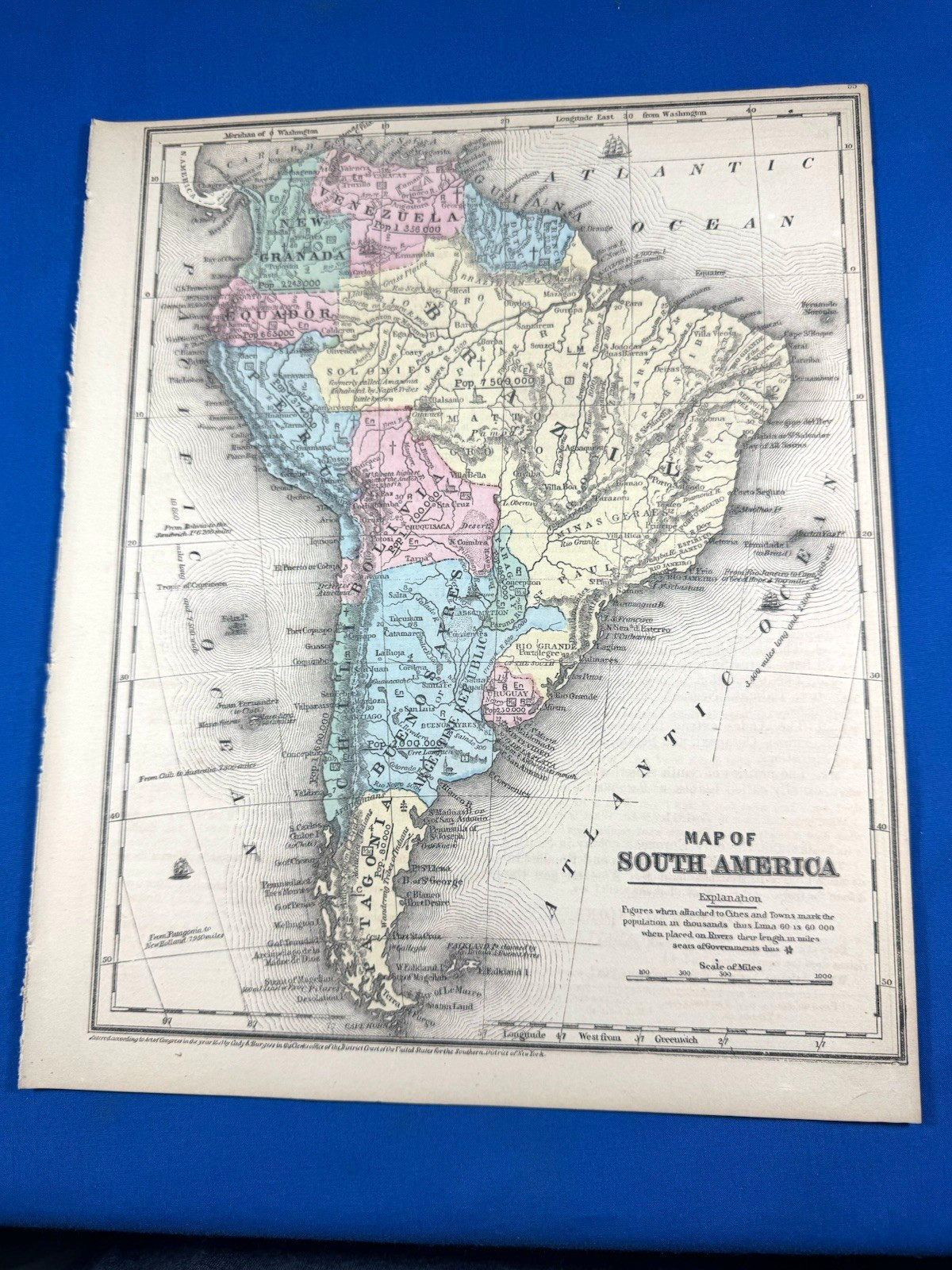 1853 SOUTH AMERICA Color Map, Daniel Burgess, Schooners, PATAGONIA, NEW GRANADA
