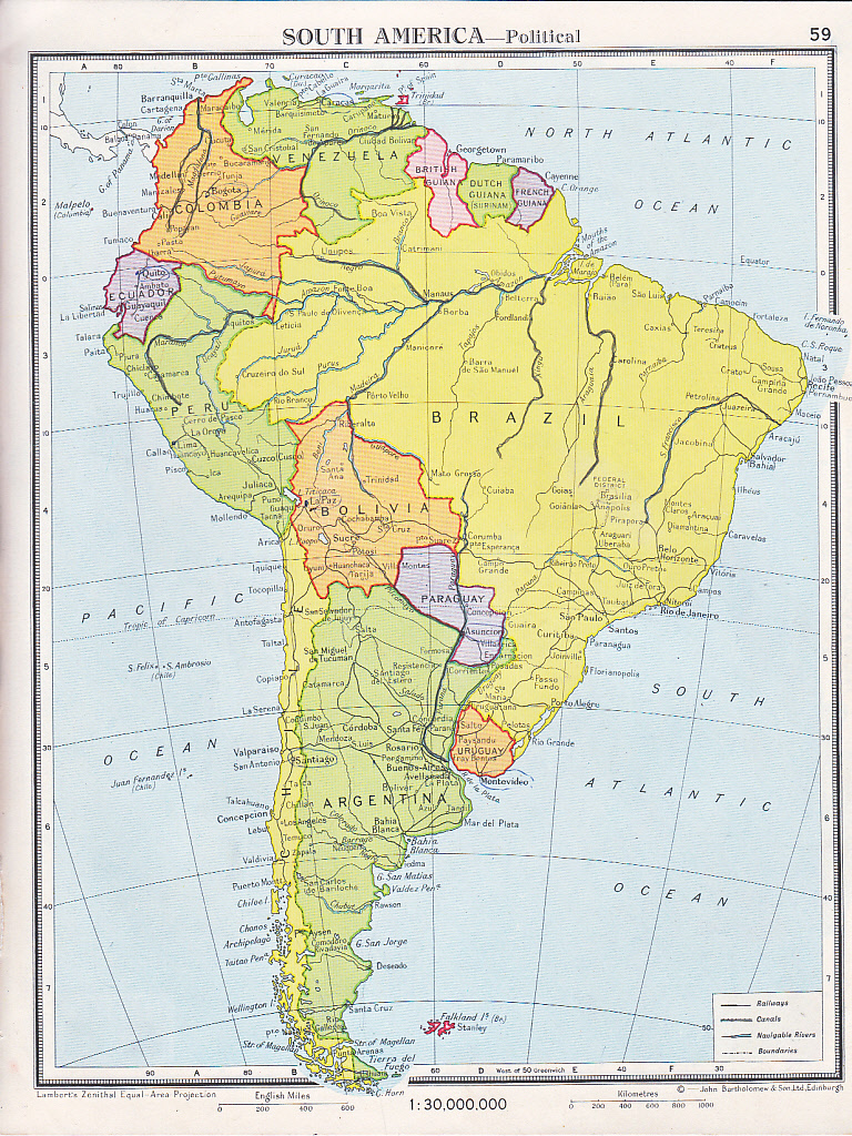 1961 MAP ~ SOUTH AMERICA POLITICAL ~ BRAZIL COLOMBIA ARGENTINA CHILE BOLIVIA ETC