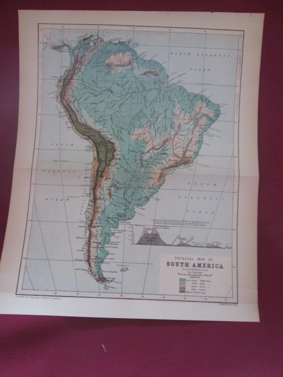 Antique Map “Physical Map of South America” Cassell & Company W & A.K. Johnston