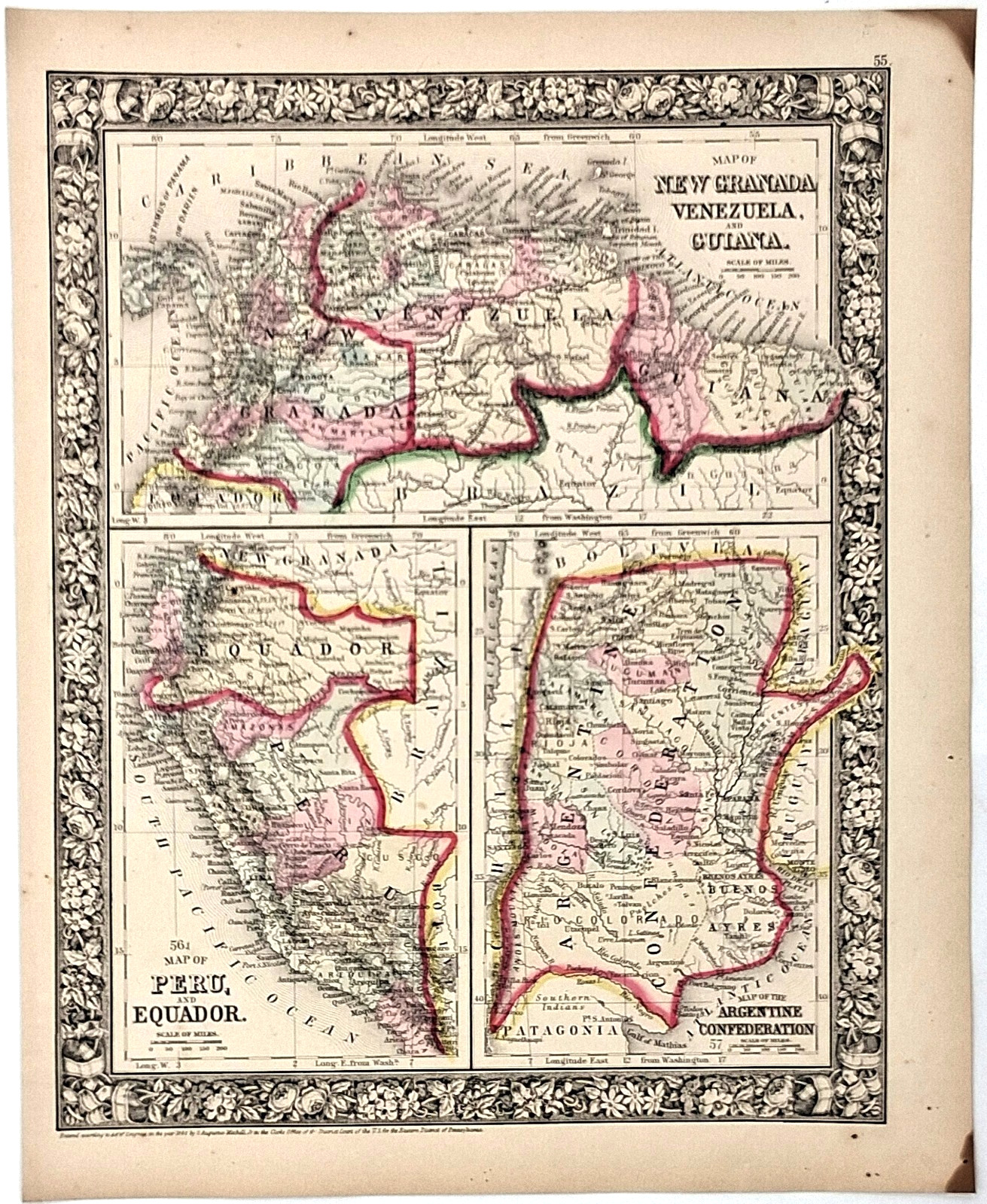 VENEZUELA GUIANA NEW GRANADA PERU EQUADOR ARGENTINA antique 1860 map