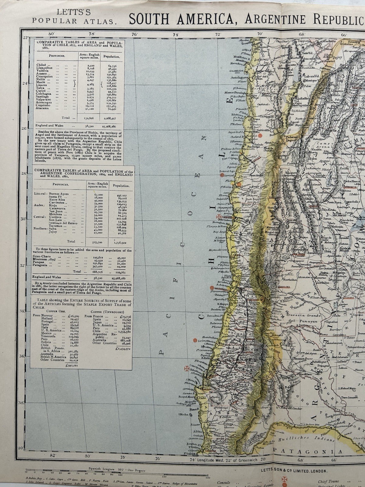 1883 Argentina & Chile Original Antique Colour Map by Letts