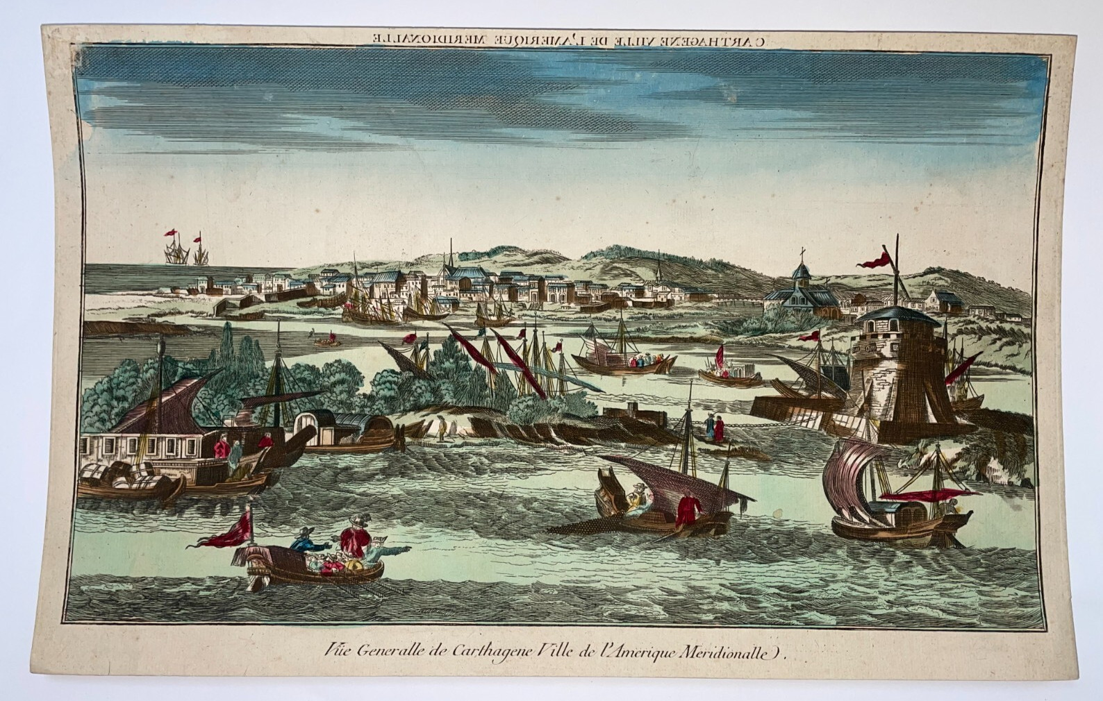 CARTHAGENA COLOMBIA c. 1750 LARGE ANTIQUE OPTICAL VIEW 18TH CENTURY