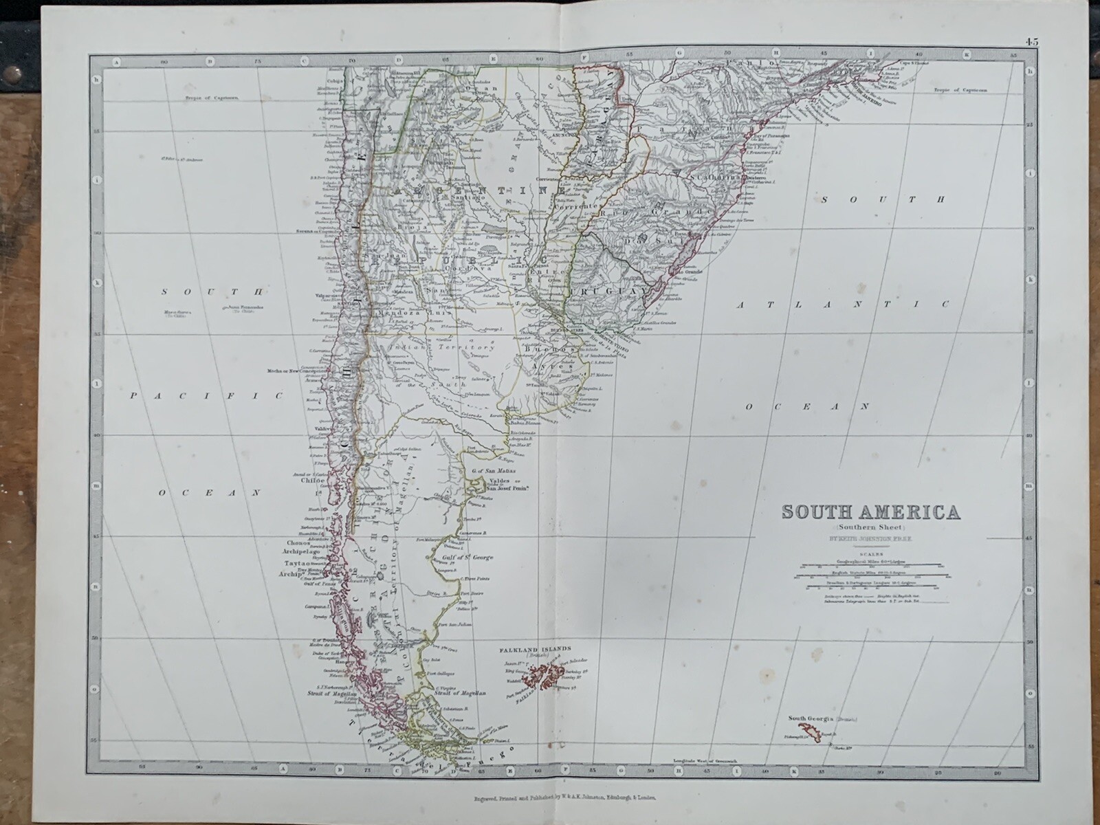 1880 CHILE & ARGENTINA HAND COLOURED ORIGINAL ANTIQUE MAP BY JOHNSTON