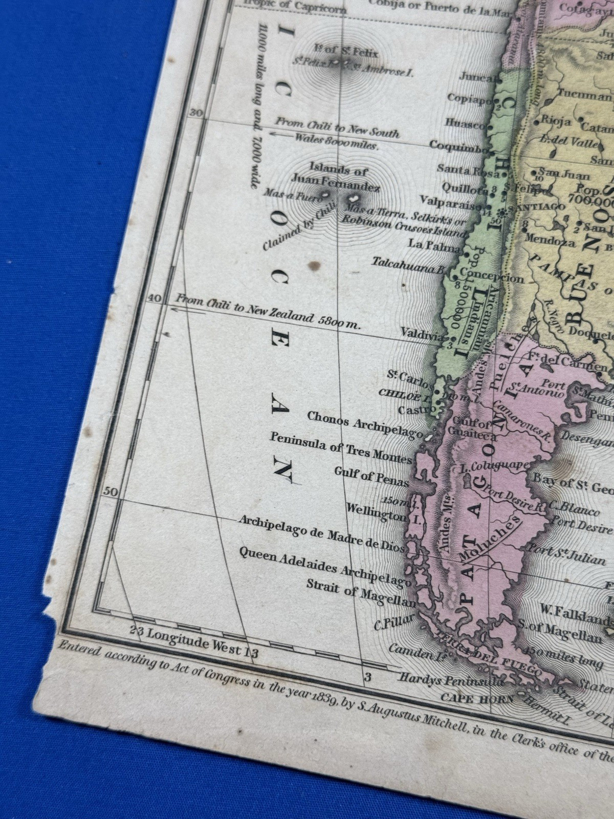 1839 Map SOUTH AMERICA w/ Colored Countries ~ S. Augustus Mitchell, Engr. Young