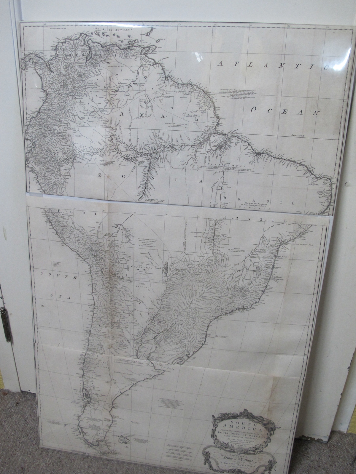 Large Antique 1755 BOULTON Anville Wall Map of SOUTH AMERICA in 3 Parts