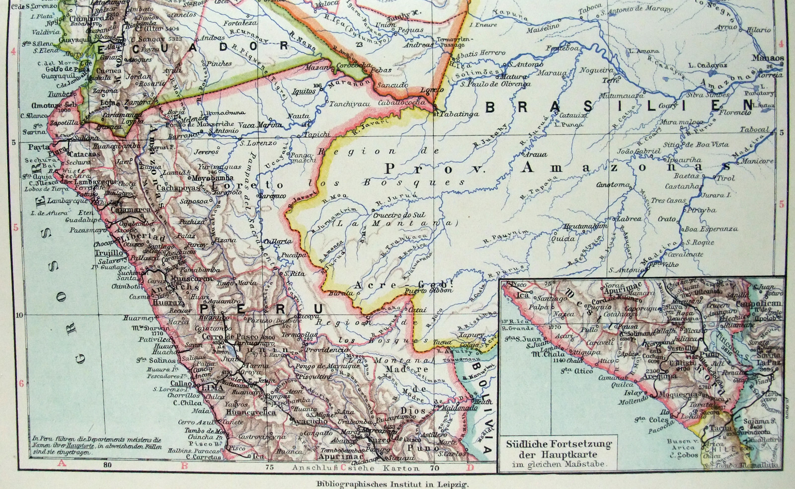 Peru, Ecuador, Columbia & Venezuela – Original 1928 Map by Meyers. Vintage