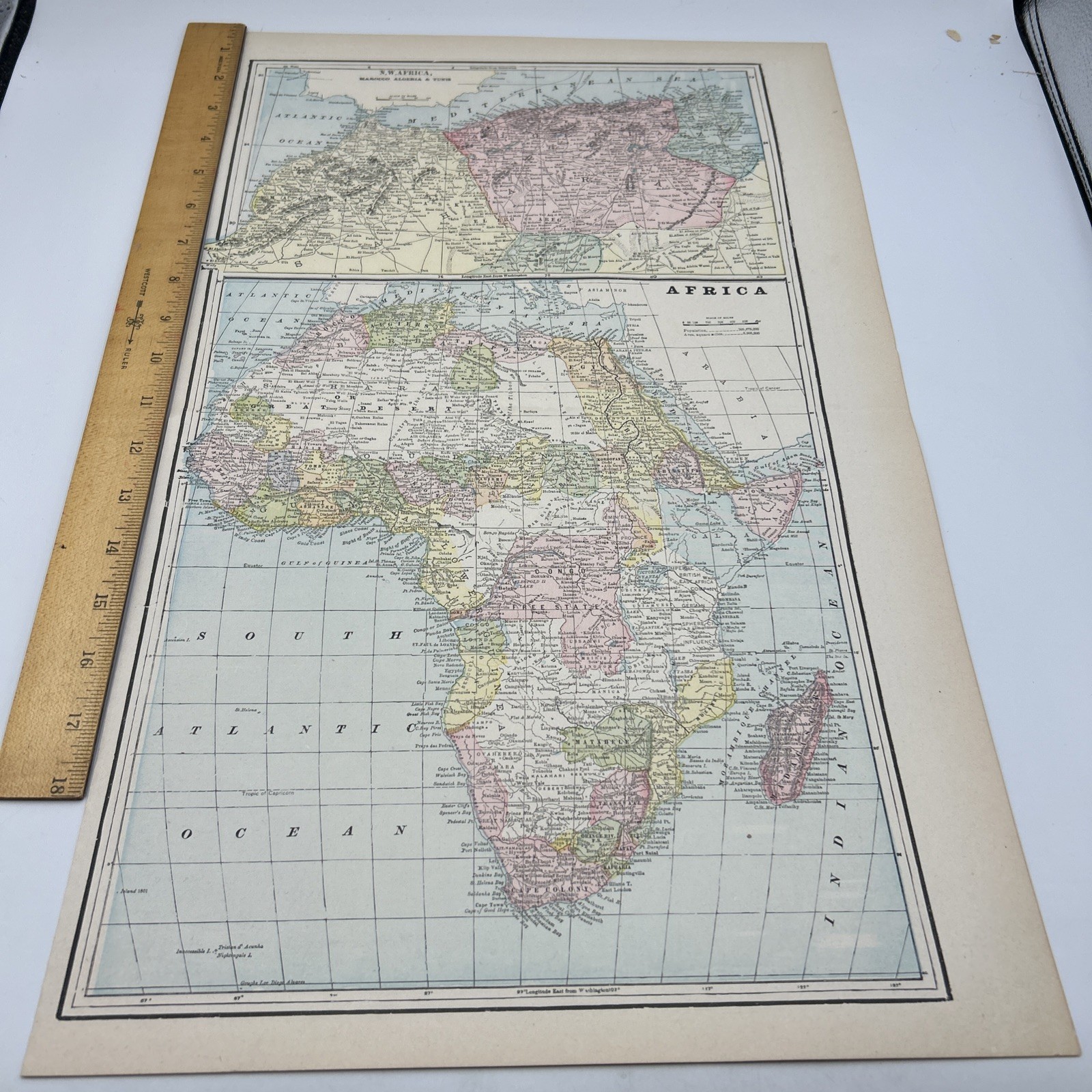Large Antique 1901 Map N.W. Africa And Africa 22”x13”