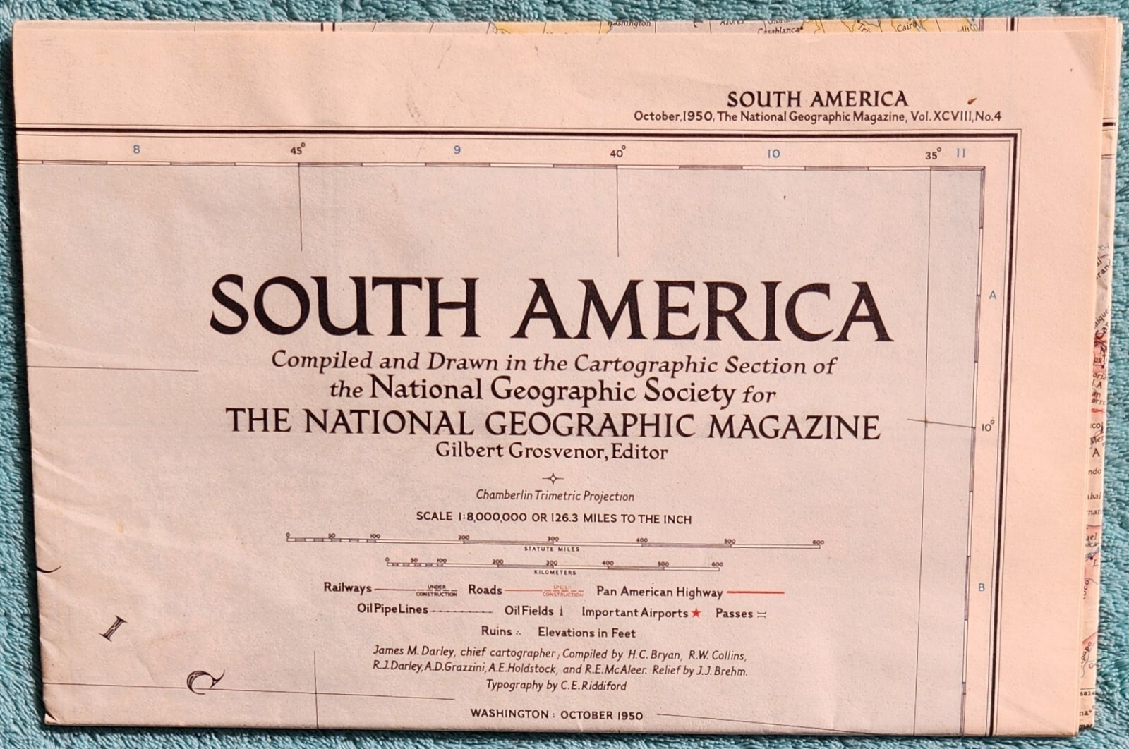 South America 1950 National Geographic Jumbo Fold Out Map 28″ x 39″