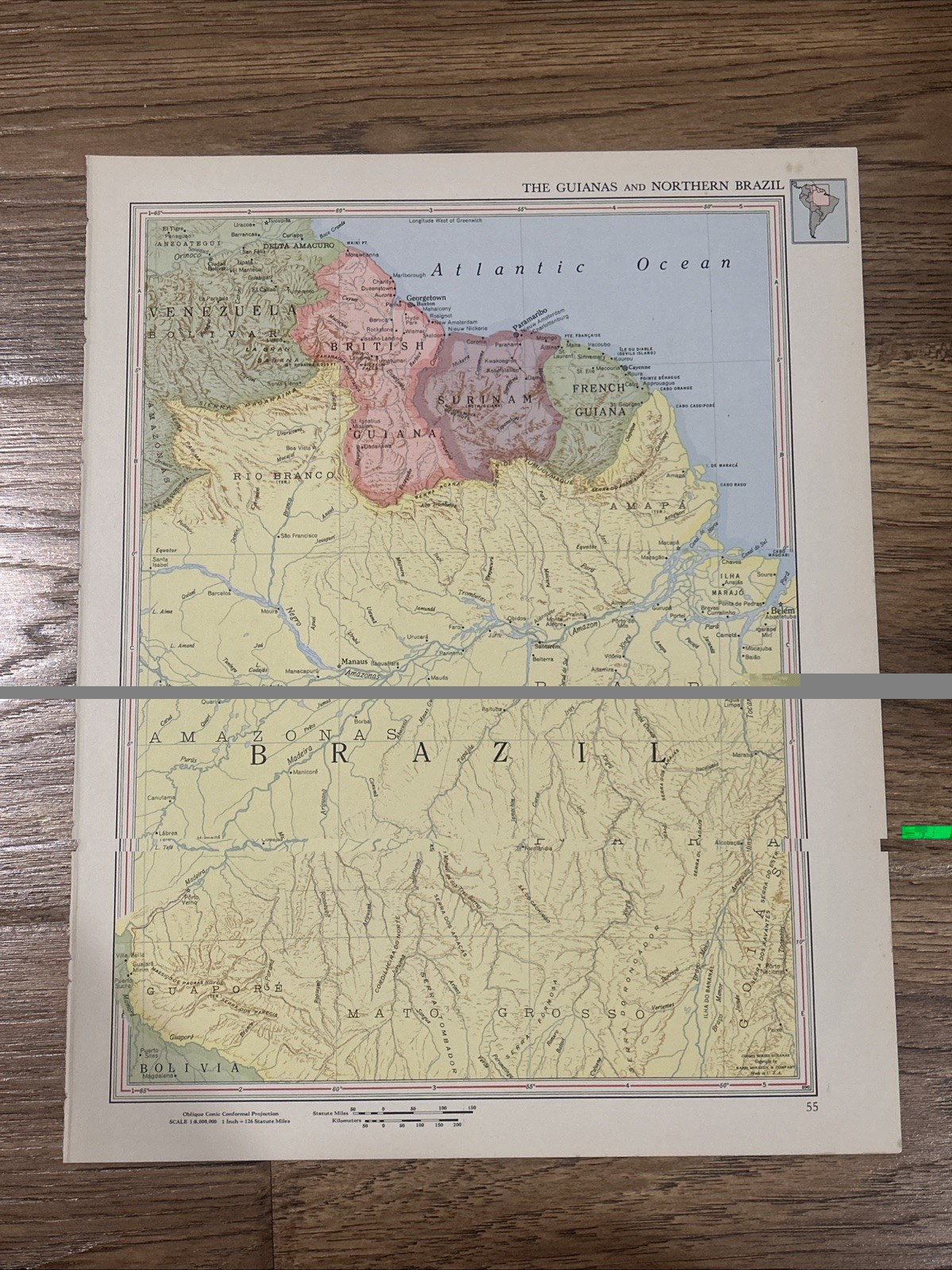 Antique 1952 Map Of The Guianas & North Brazil 14”x11”