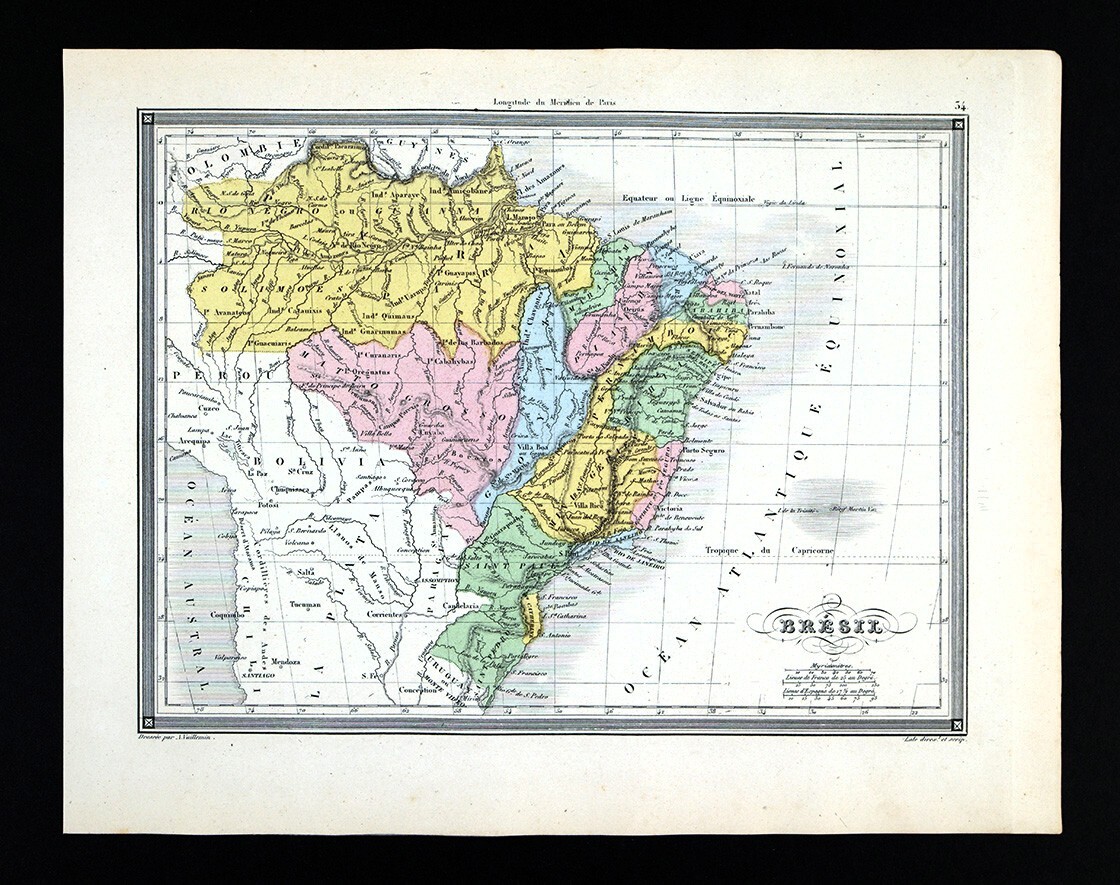 1850 Vuillemin Map Brazil Rio de Janeiro Sao Paulo Recife Salvador Manaus Amazon