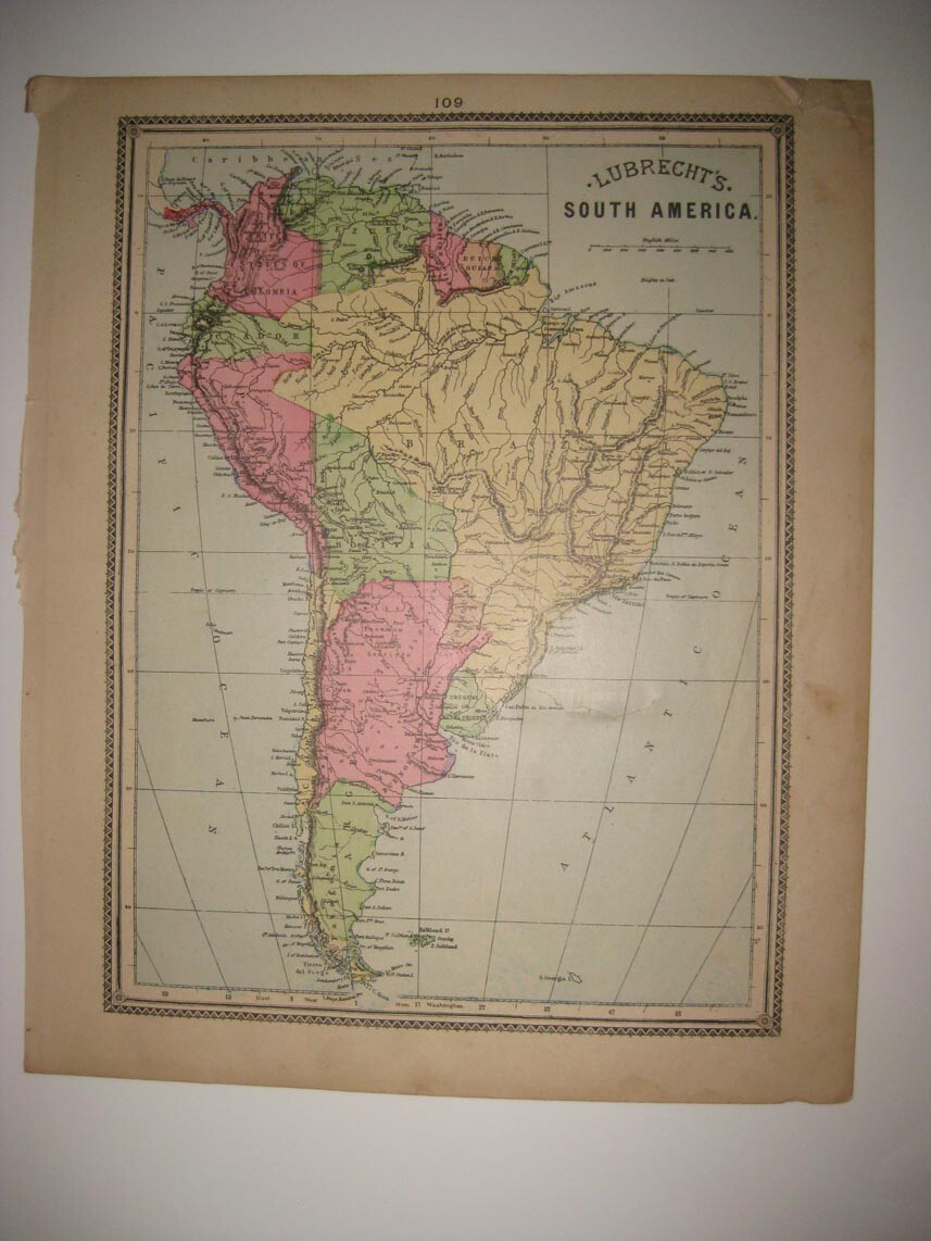 SUPERB RARE ANTIQUE 1885 SOUTH AMERICA LUBRECHT HANDCOLORED MAP BRAZIL ARGENTINA