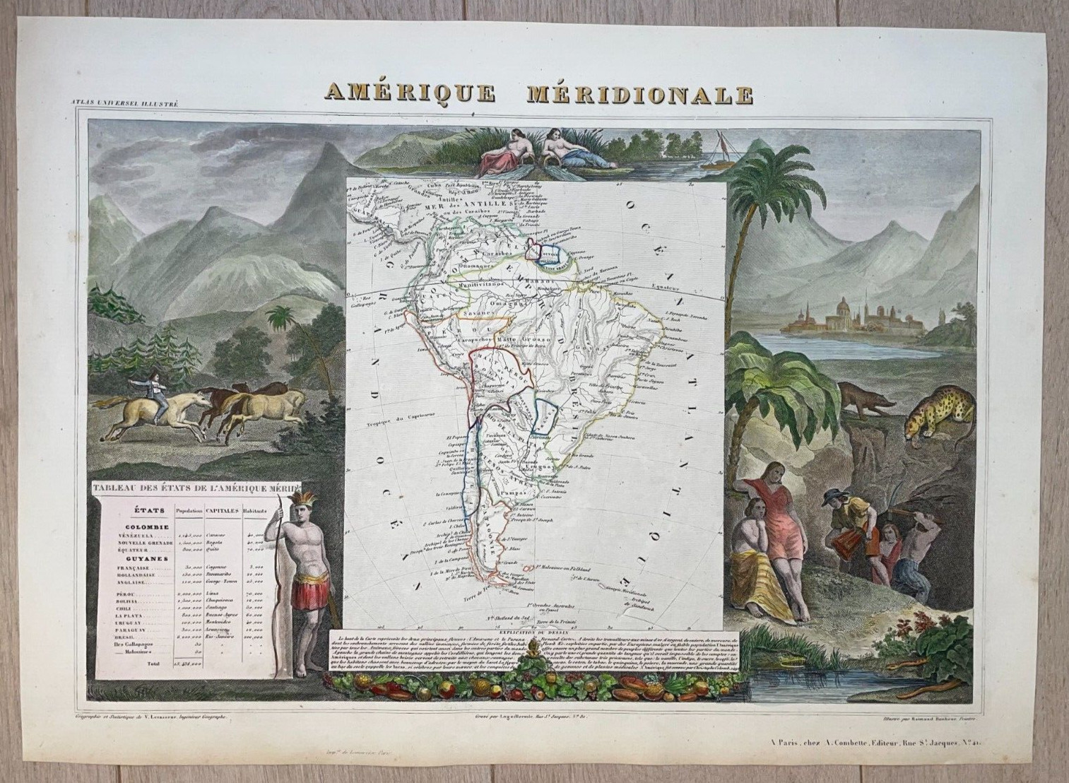 SOUTH AMERICA 1850 VICTOR LEVASSEUR LARGE NICE ANTIQUE MAP 19TH CENTURY
