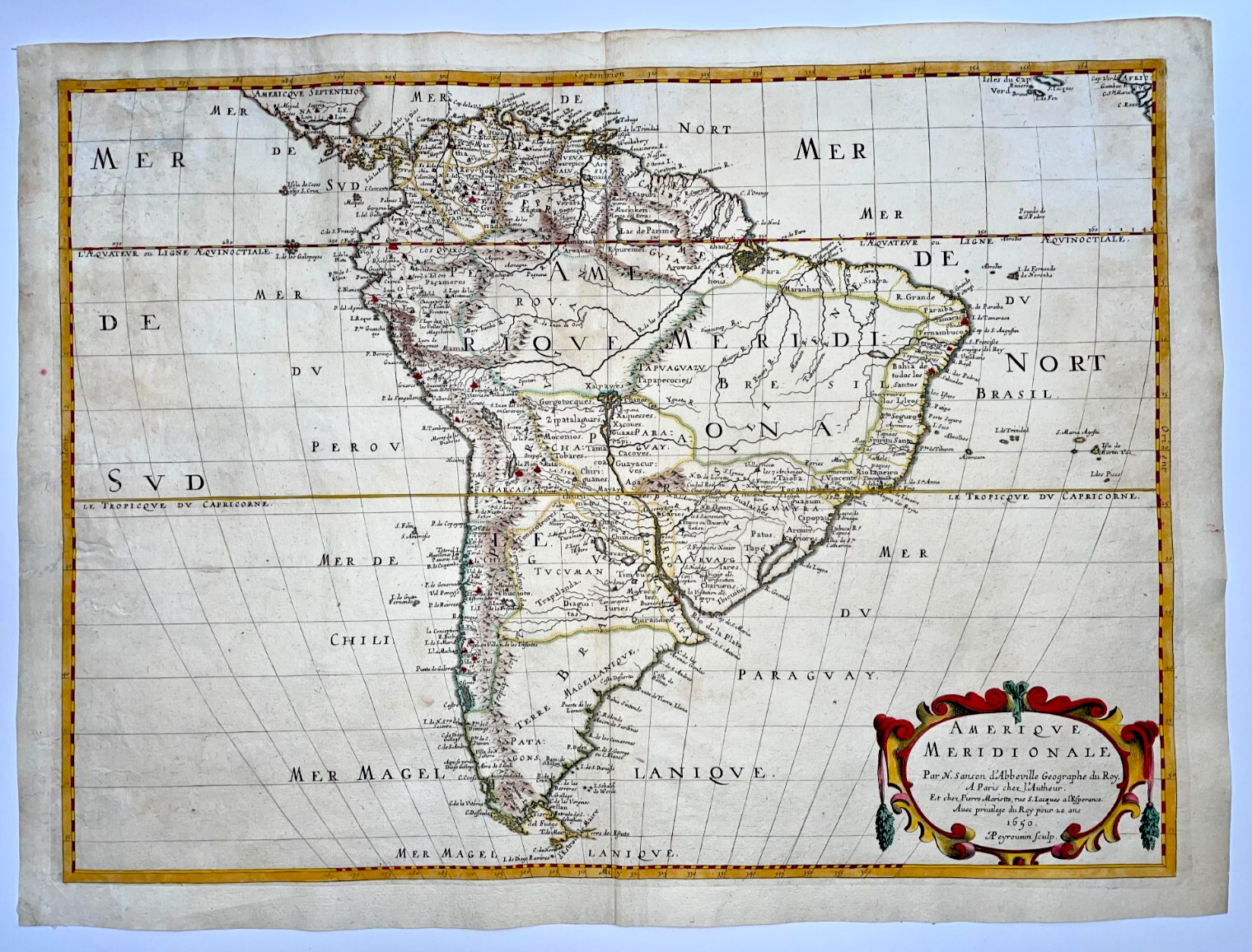 SOUTH AMERICA 1650 NICOLAS SANSON D’ABBEVILLE LARGE ANTIQUE MAP IN COLORS