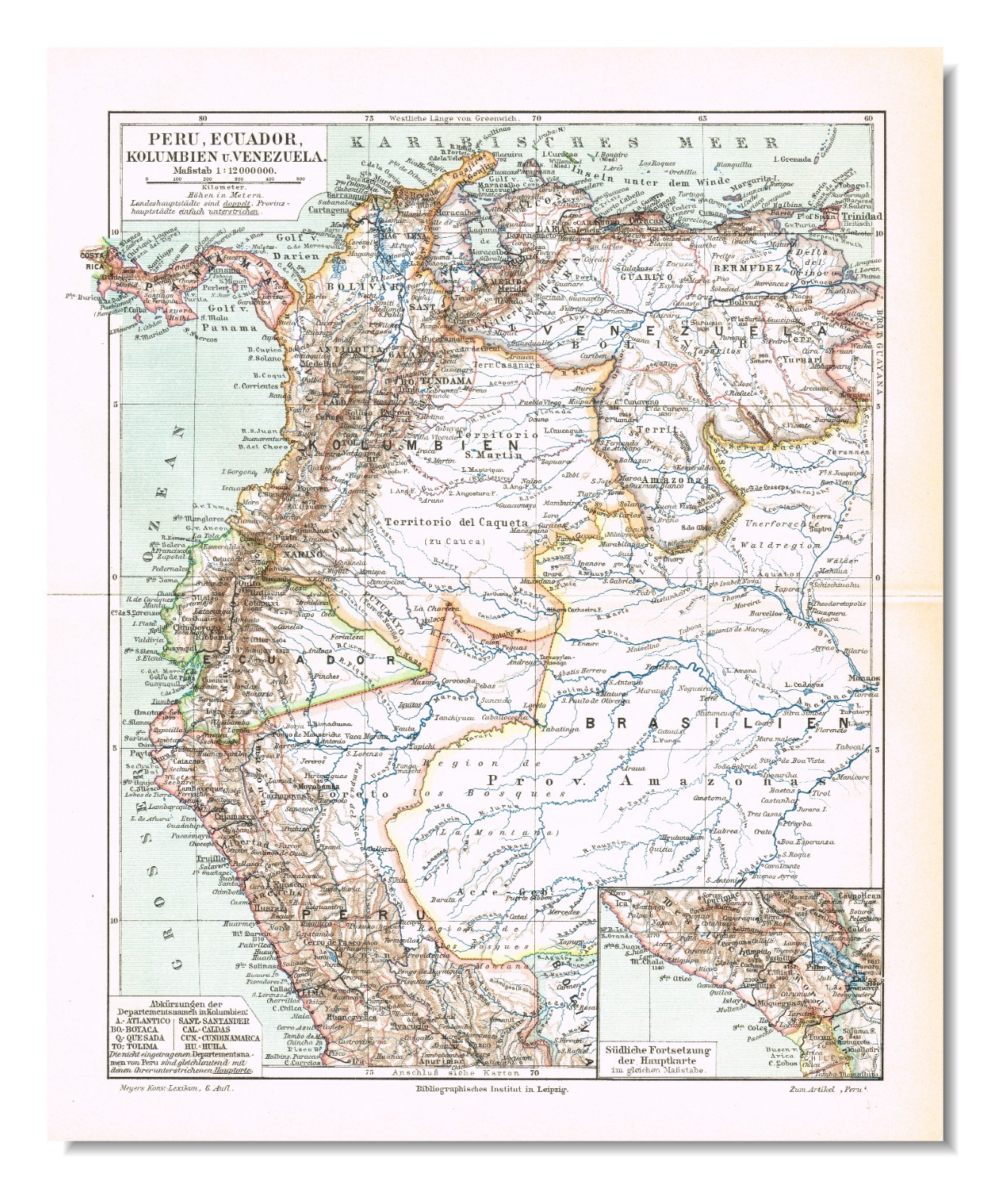 COLUMBIA PERU VENEZUELA ECUADOR 1910 printed Original Antique Map BOGOTA QUITO