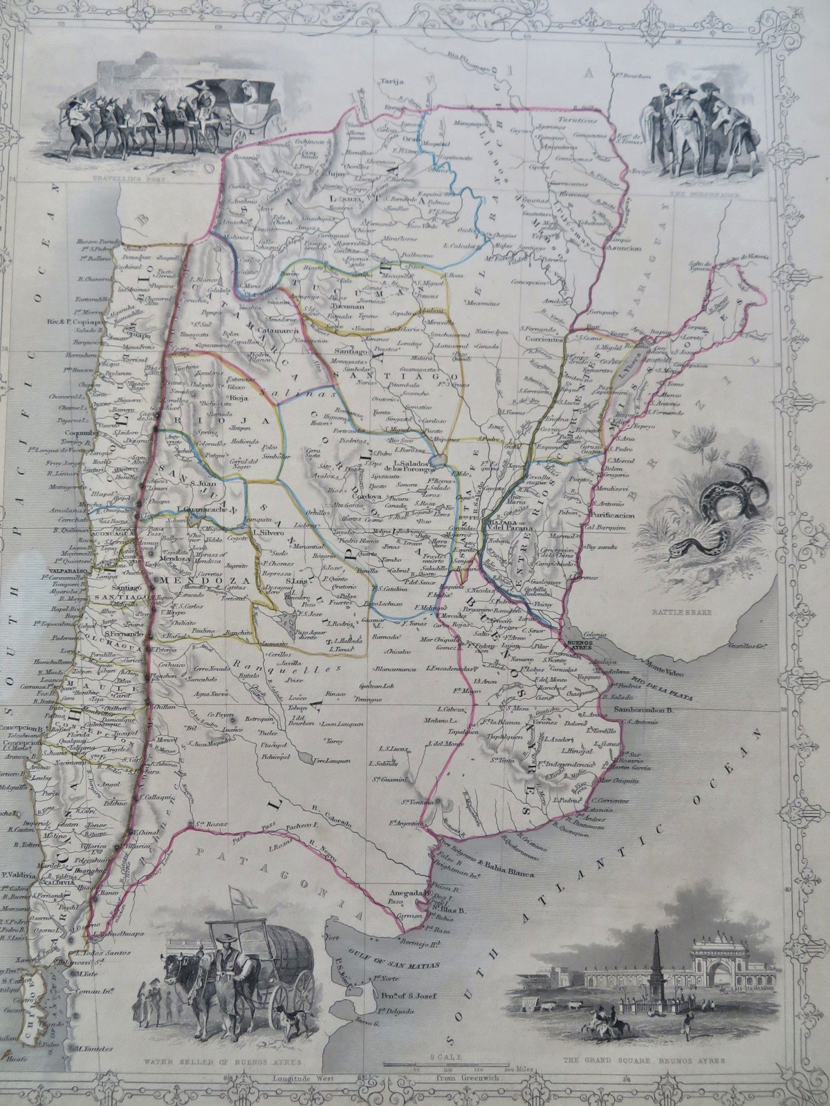 South America Chili La Plata c. 1850 Tallis Rapkin decorative hand colored map