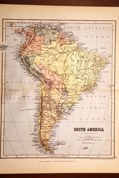1898 RARE ANTIQUE CHAMBERS ATLAS MAP-SOUTH AMERICA-EXCELLENT DETAIL