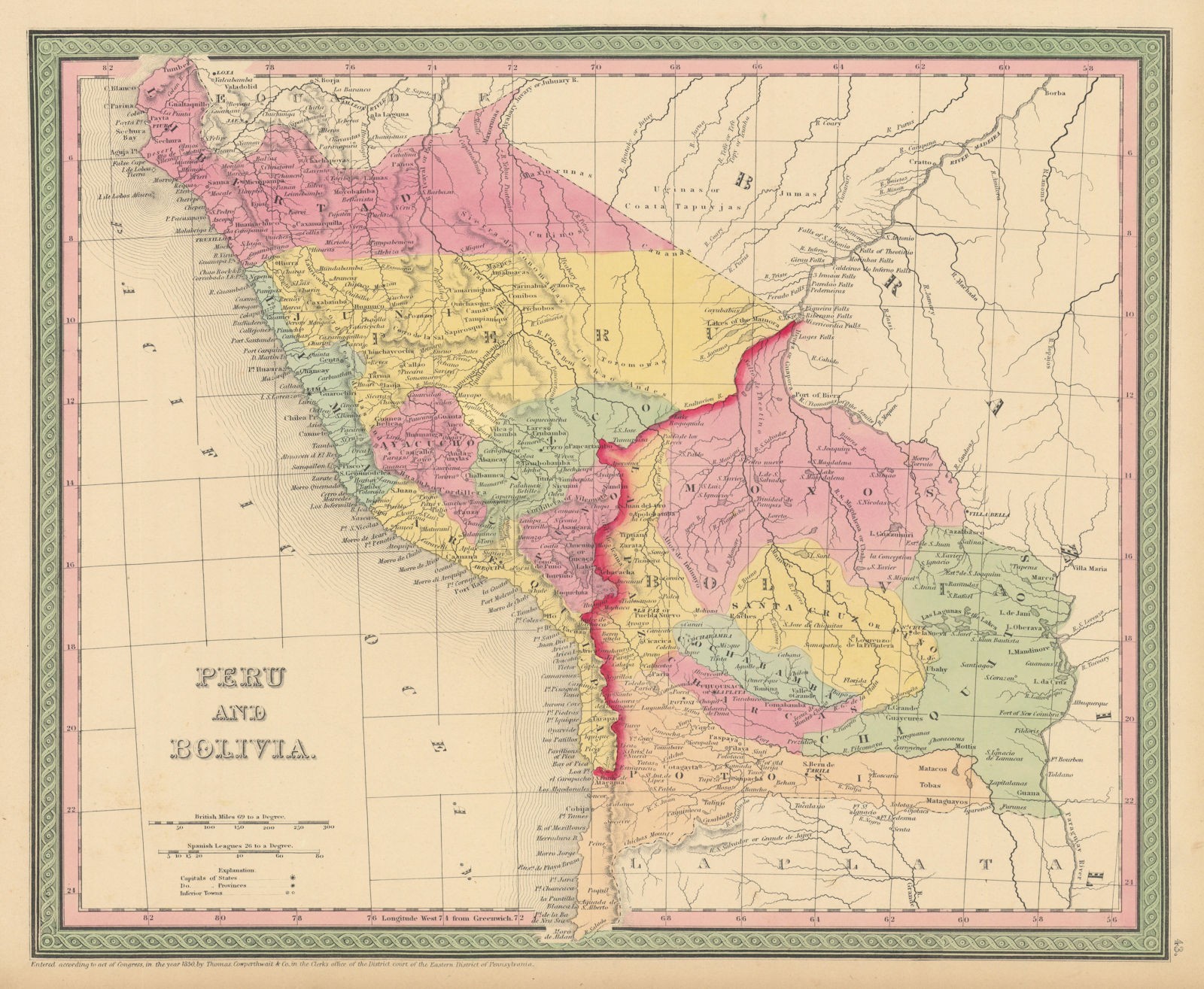 Peru and Bolivia, including Litoral. THOMAS, COWPERTHWAIT 1852 old antique map