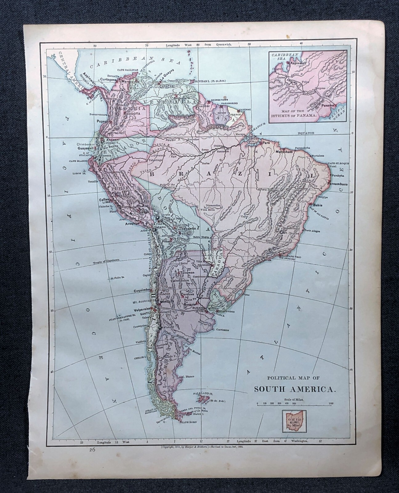 1884 Political Map of South America Harper and Brothers Copyright 1875 Ephemera
