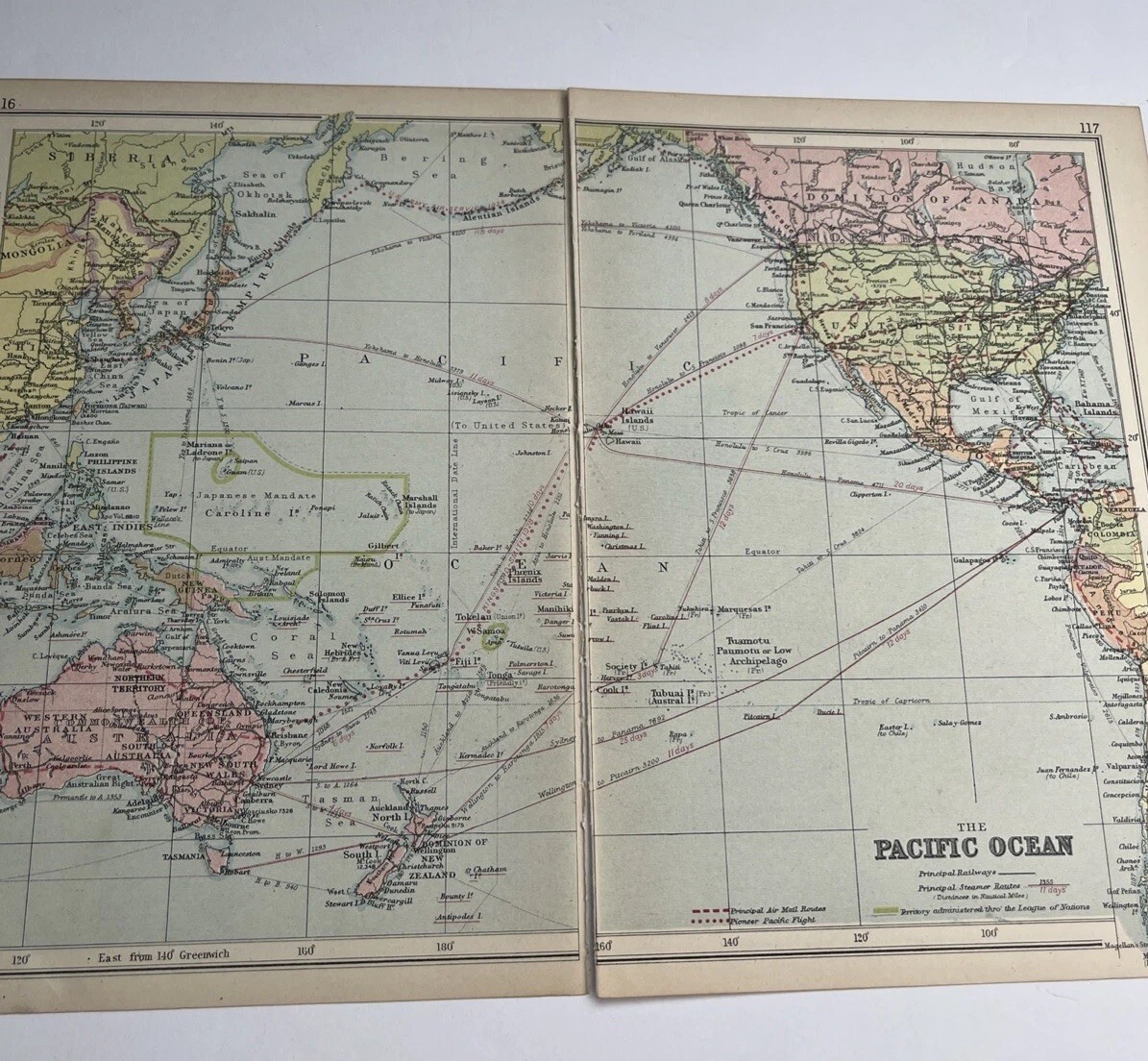 1930: Map Of The Pacific Ocean PA #116/117 Print Vintage Steamer Nautical n