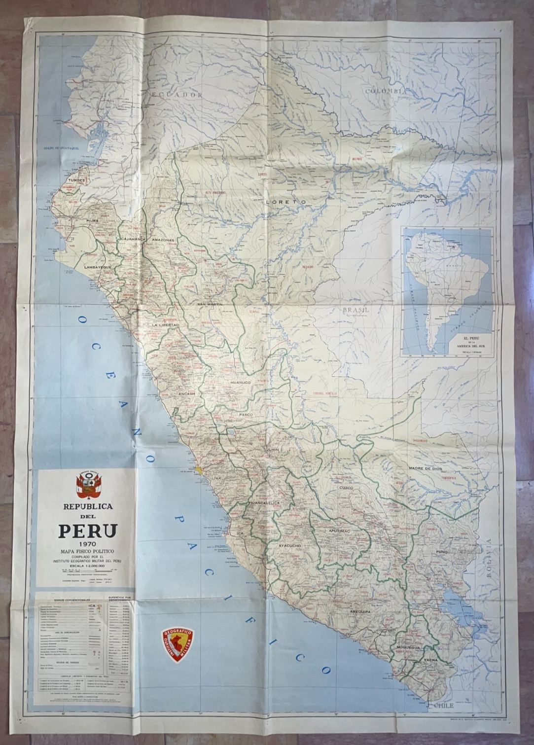 REPUBLIC OF PERU 1970 ORIGINAL WALL MAP