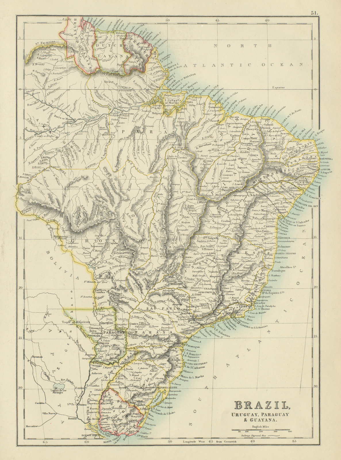 Brazil, Uruguay, Paraguay & Guayana. Guyanas. BARTHOLOMEW 1898 old antique map