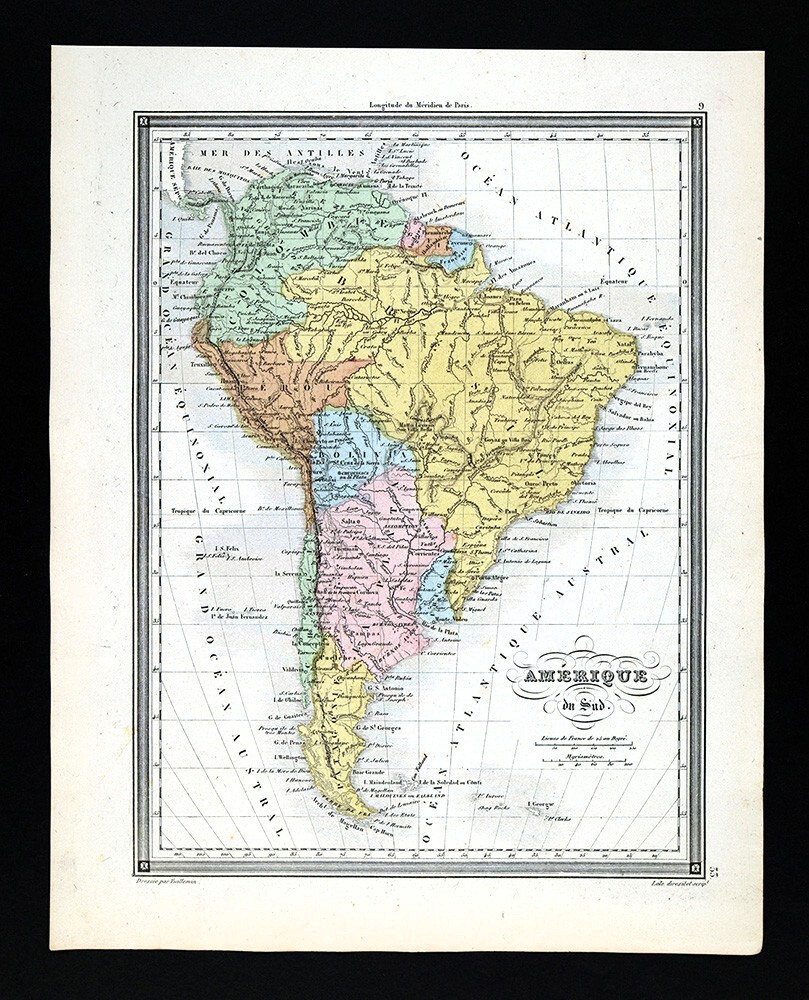 1850 Vuillemin Map South America Brazil Peru Colombia Argentina Patagonia Chili