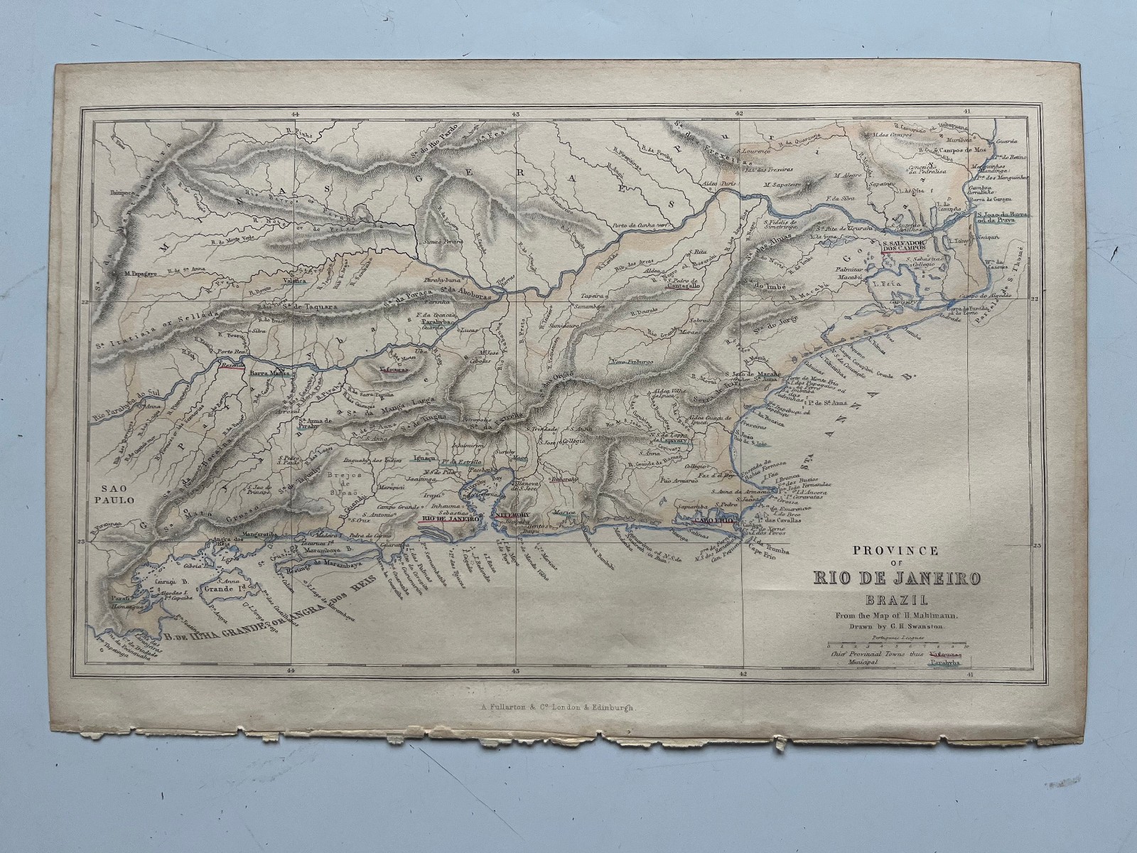 Antique coloured map Province of Rio de Janeiro Brazil 1854 A230