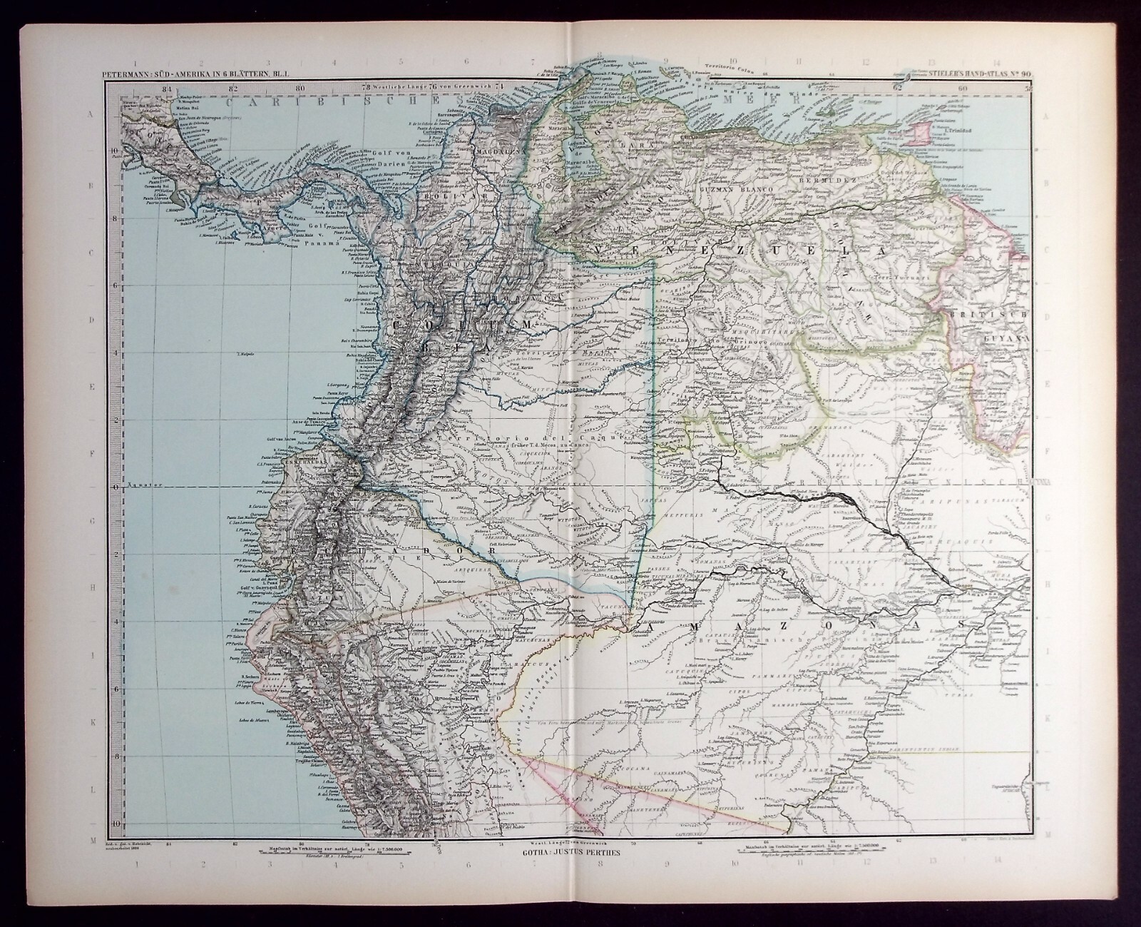 SOUTH AMERICA, VENEZUELA, COLOMBIA, ECUADOR, original antique map, Stieler, 1889