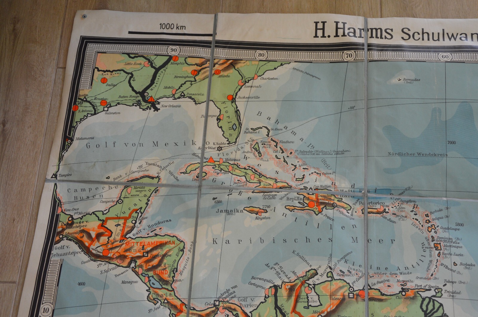Large Vintage Old German Wall Chart or Poster South America Map H.Harms Original