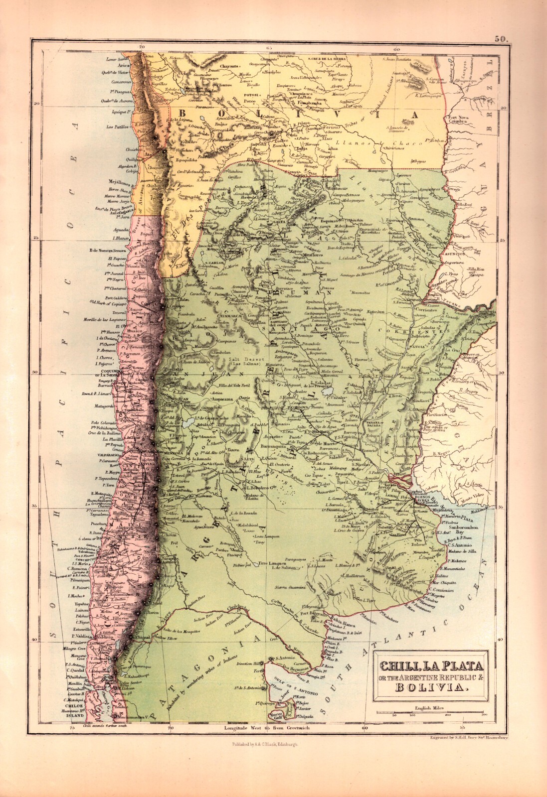 “CHILI, LA PLATA OR ARGENTINE REPUBLIC & BOLIVIA” Antique South America map 1889