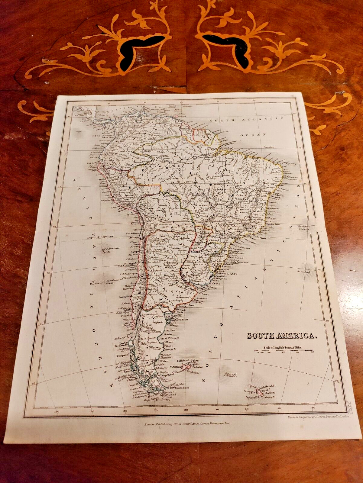 c1840s Hand Coloured South America Antique Rare Map Print Plate Dower Orr Brazil