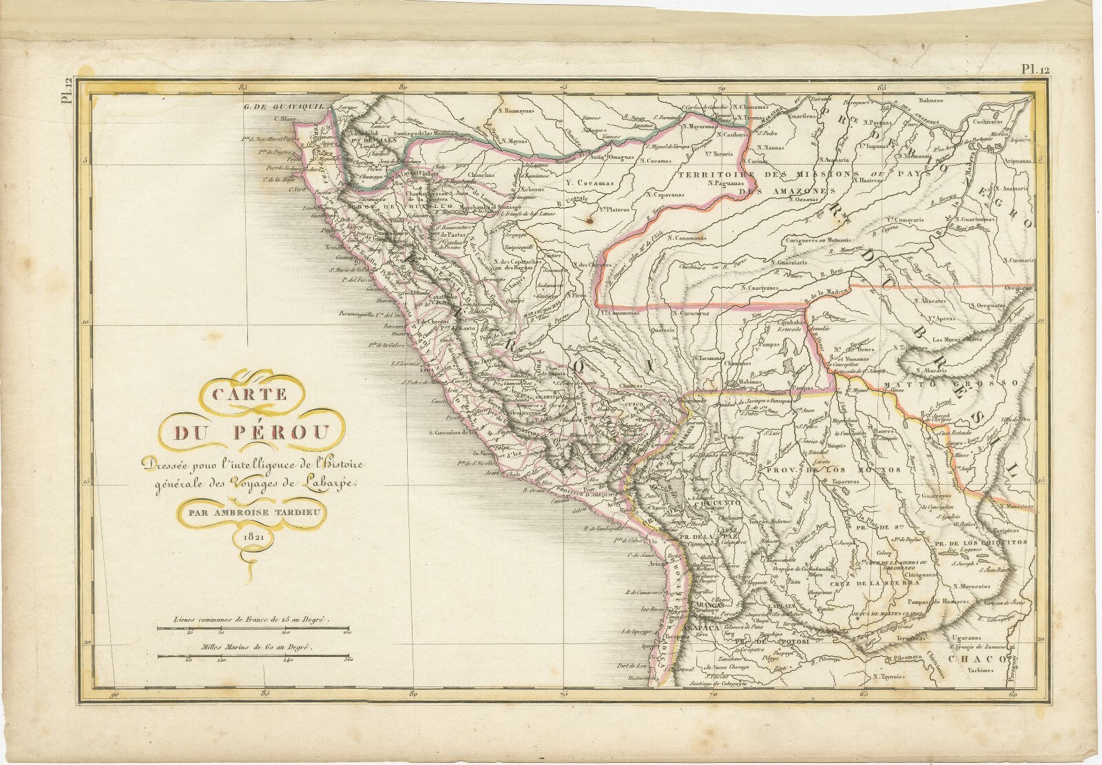 Original Antique Map of Peru with Regions Outlined in Color