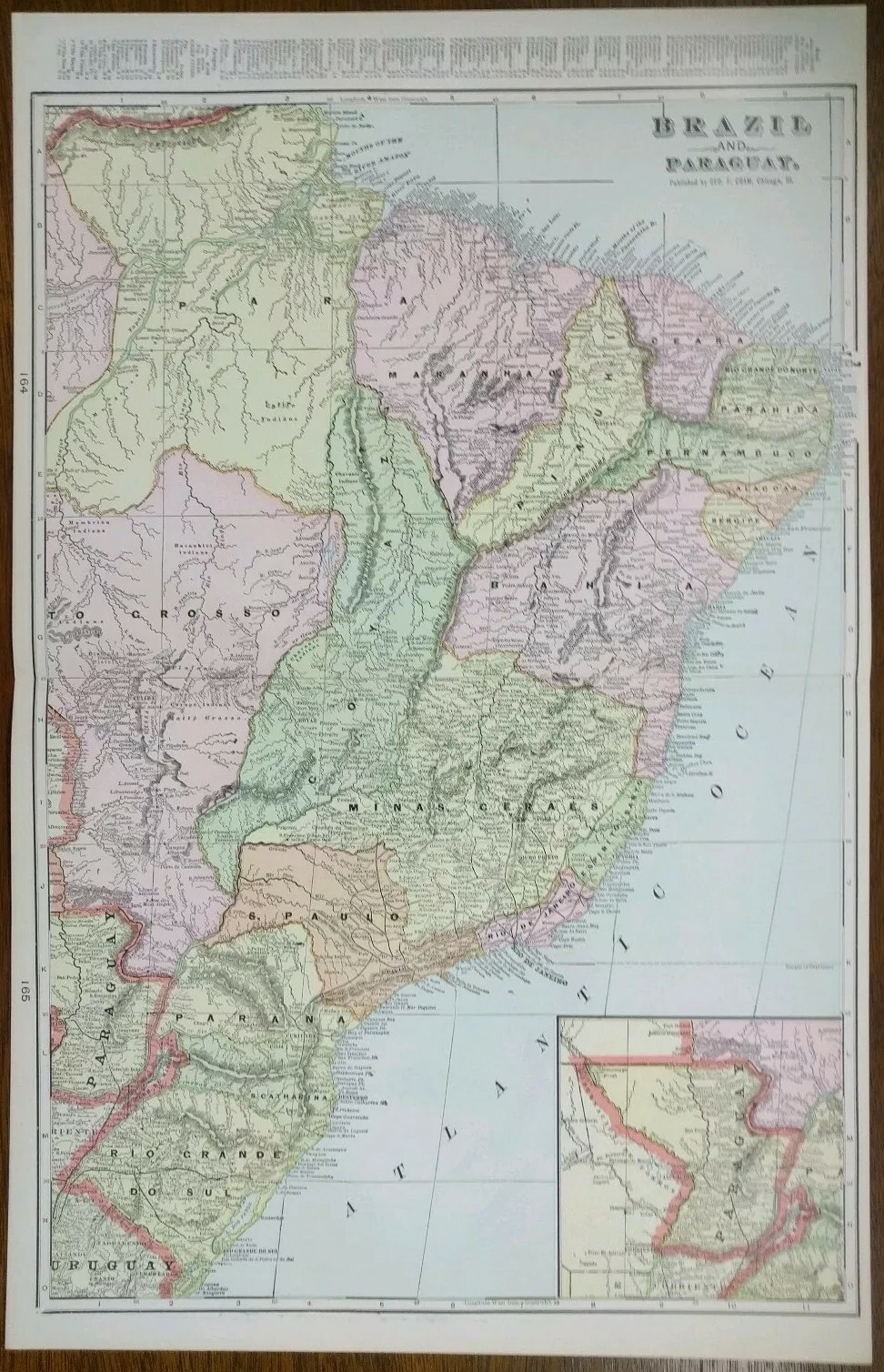 Vintage 1902 BRAZIL PARAGUAY Map 14″x22″ ~ Old Antique Original RIO DE JANEIRO