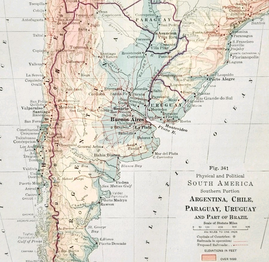 1916 Map South America Political Chile Argentina Paraguay Uruguay Brazil DWSS8