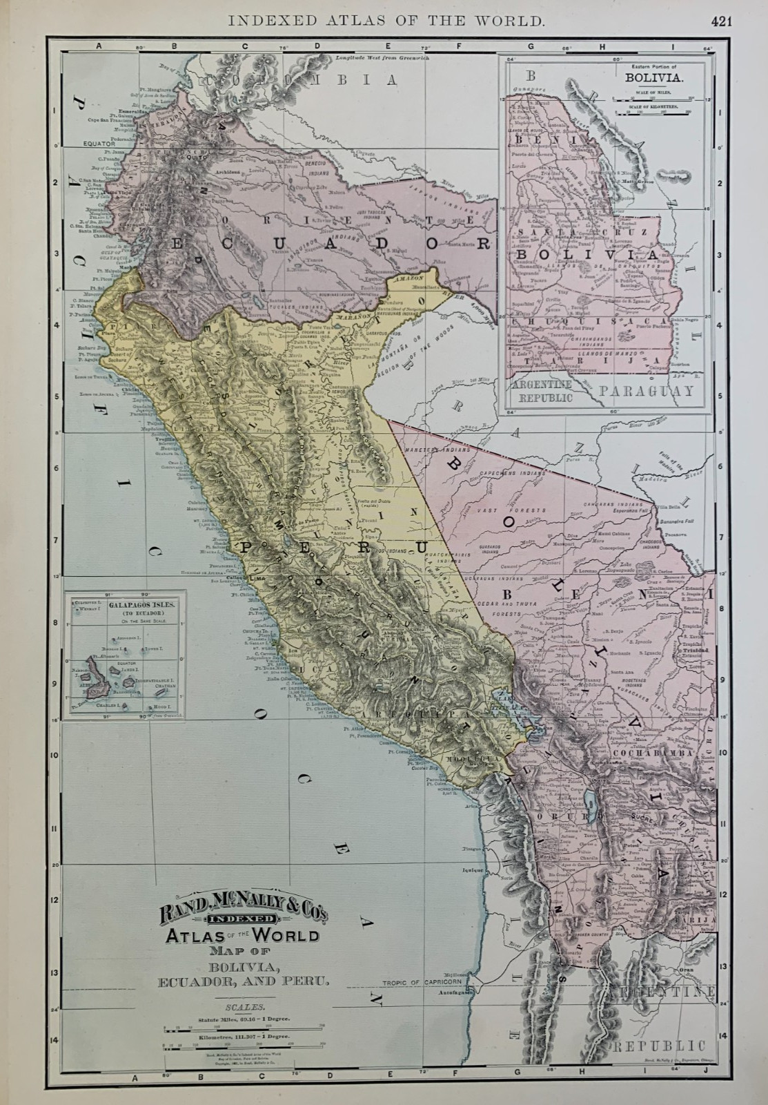 Map of BOLIVIA, EDUADOR, PERU from 1893 INDEXED ATLAS OF THE WORLD Rand-McNally