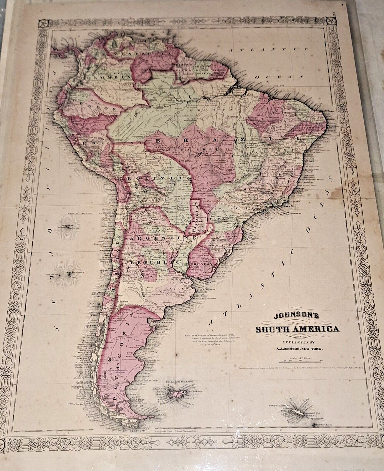 Fine 1863 Johnson’s Antique Map South America Hand Painted