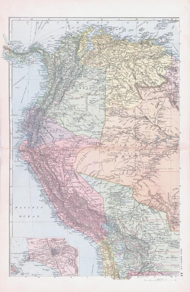 1893 Large Antique Map SOUTH AMERICA N.W North West Lima Brazil Colombia (BPA44)