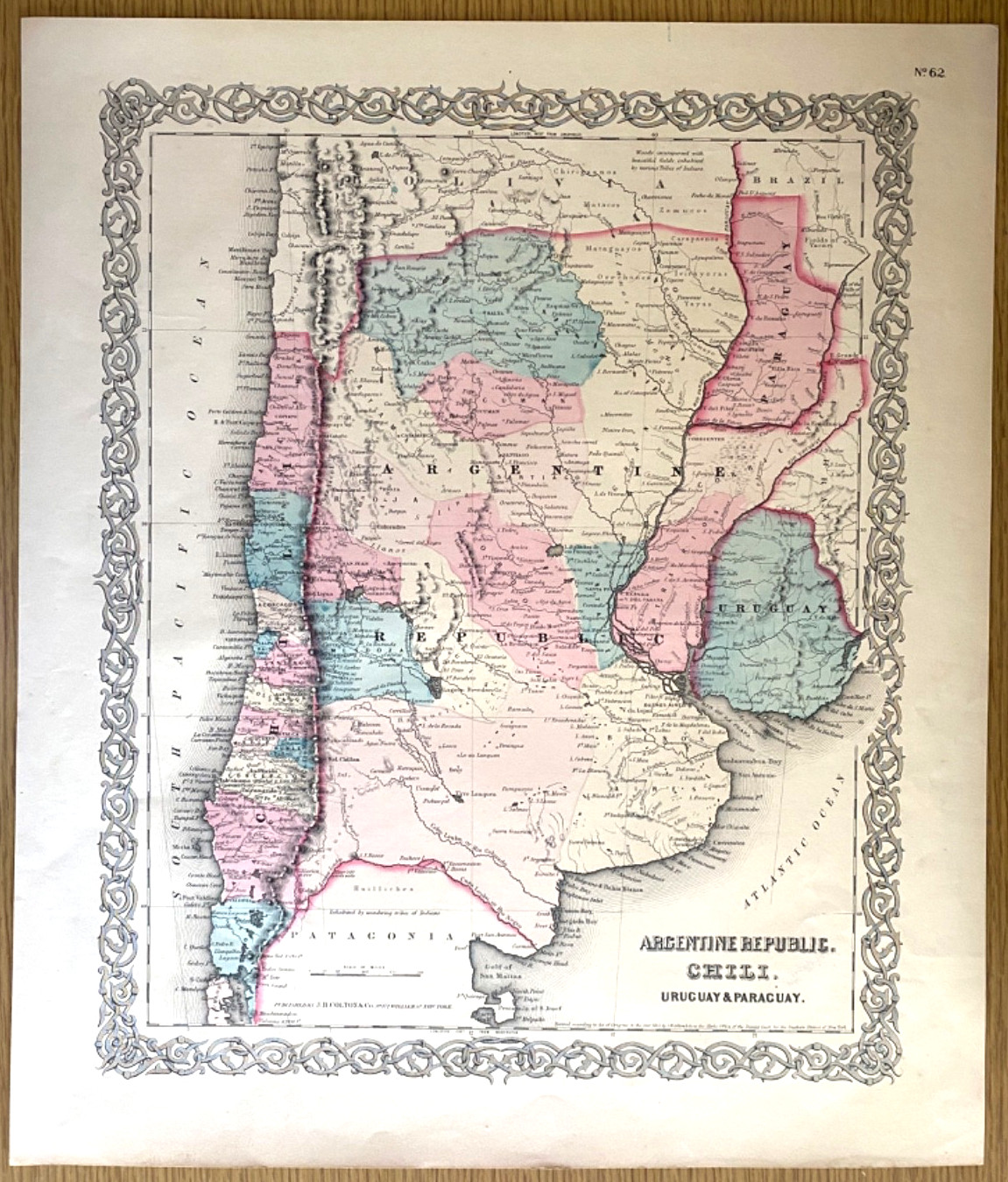 1855 ARGENTINA, CHILE, URUGUAY & PARAGUAY antique 15×18 color map SOUTH AMERICA