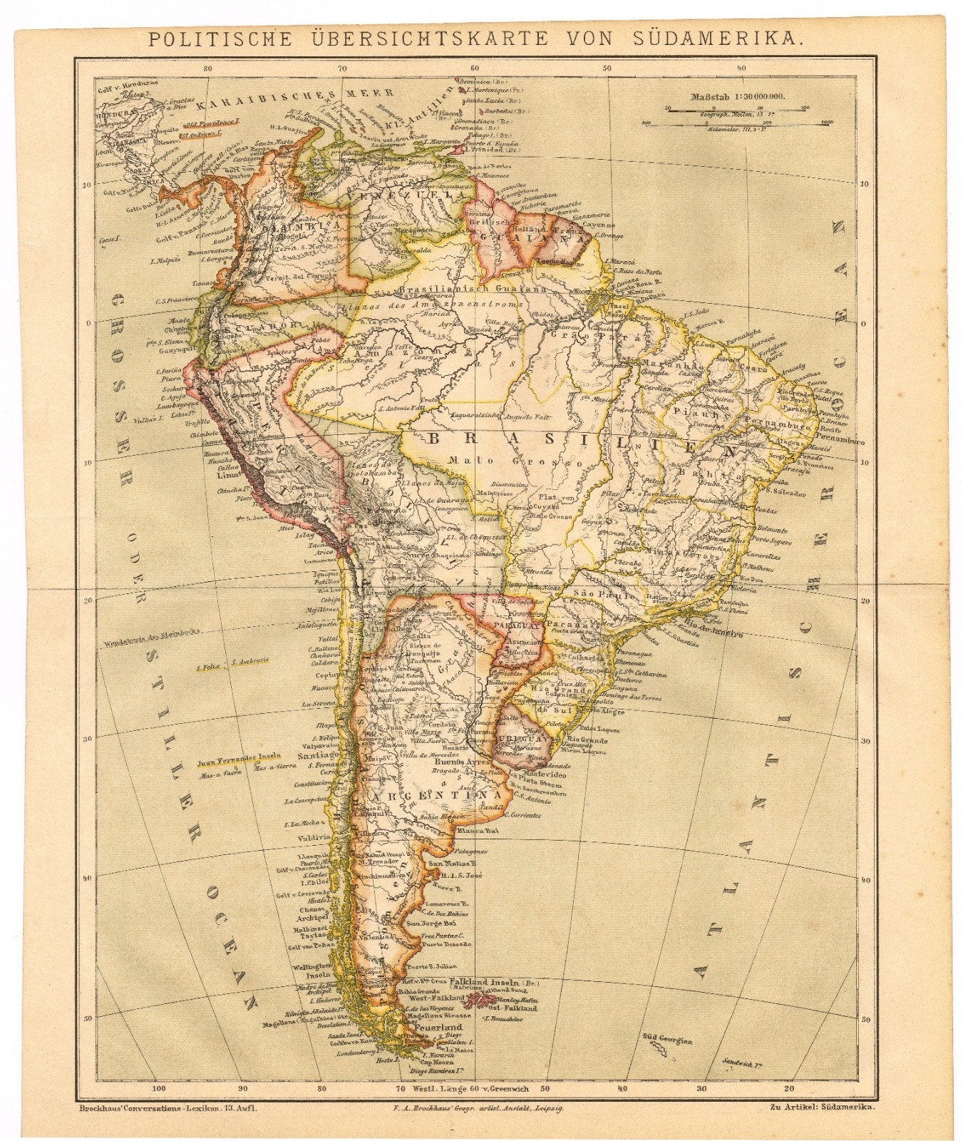 SOUTH AMERICA PERU BRASIL ARGENTINA CHILE ORIGINAL map 1886