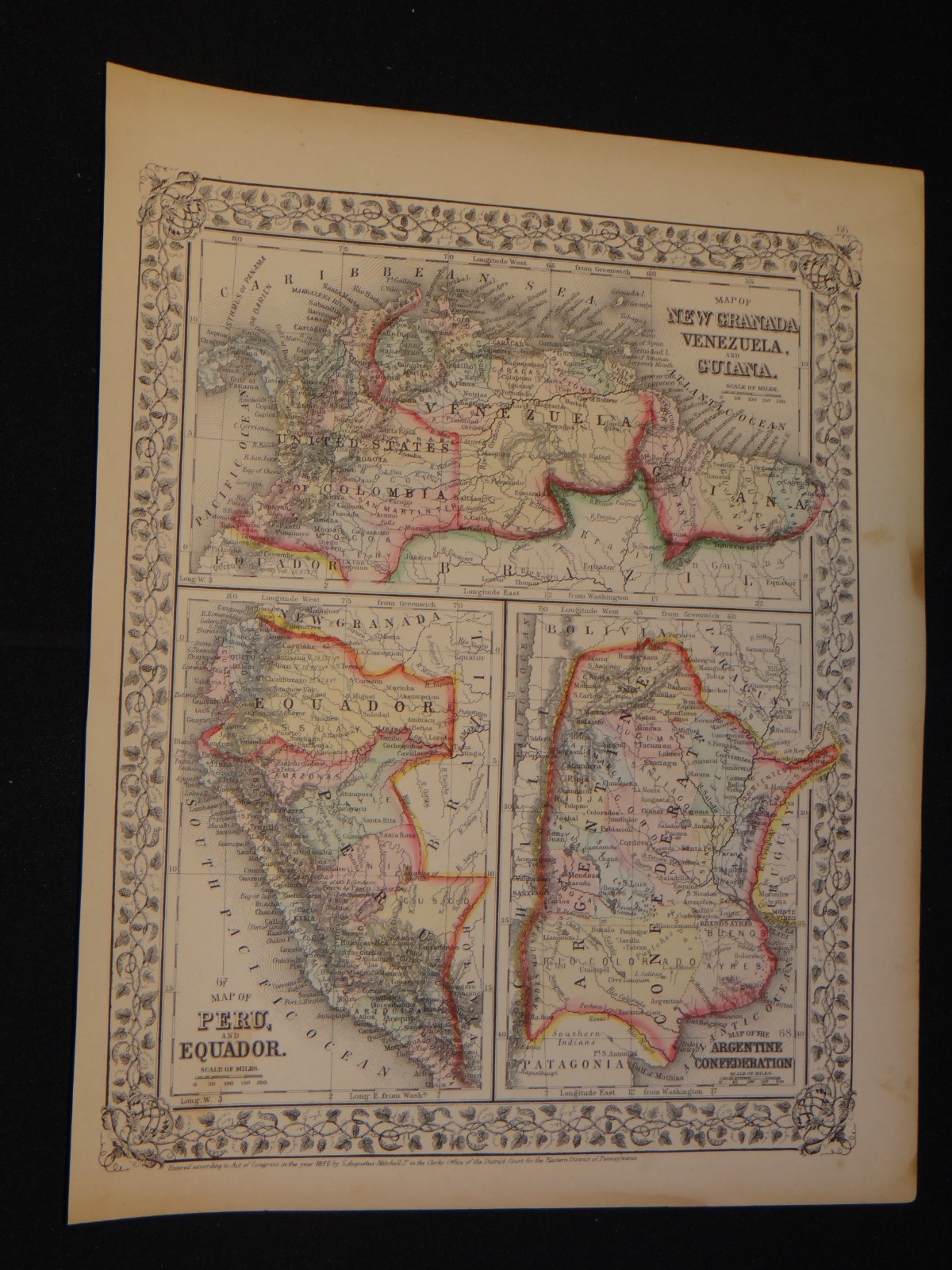 ONE (1) 1867/1871 MITCHELL ATLAS MAP “PERU, VENEZUELA & ARGENTINE” 15.25″x12″