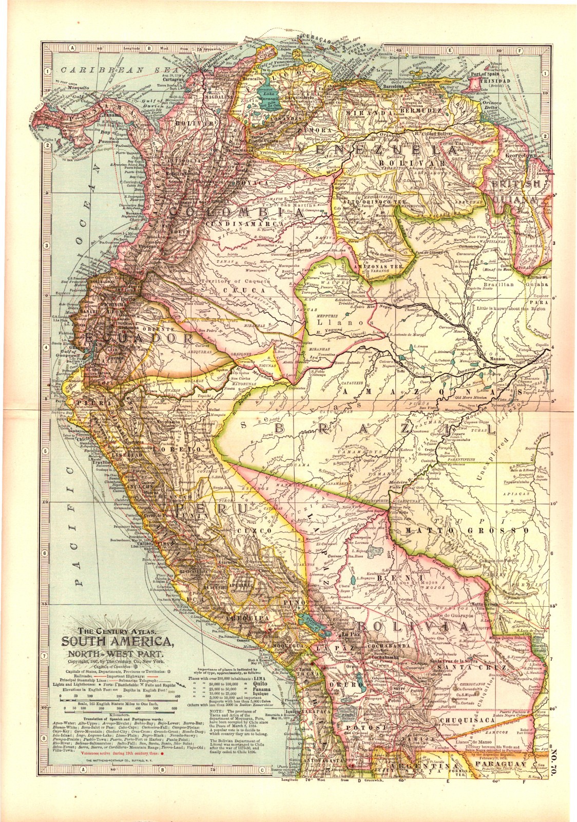 NW South America Colombia Ecuador Peru Bolivia Venezuela 1897 Antique Atlas Map